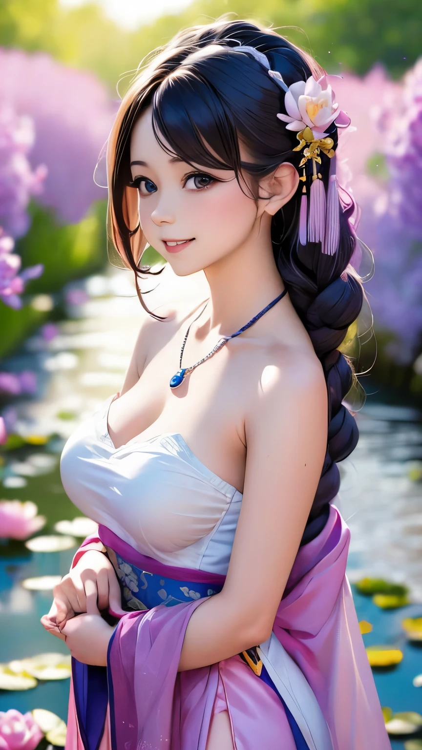 Superb Quality, Masterpiece, High Resolution, 1Girl, Blush, (Seductive Smile: 0.8), Star Pupil, Chinese Hanfu Lilac, Hair Accessories, Necklace, Jewelry, Beauty, on_body, Tyndall Effect, Realism, Lotus Pond, Light Edge, Two-tone Lighting, (High Detail Skin: 1.2), 8K UHD, DSLR, Soft Light, High Quality, Volume Lighting, Candid Photo, High Resolution, 4K, 8K, Background Bokeh