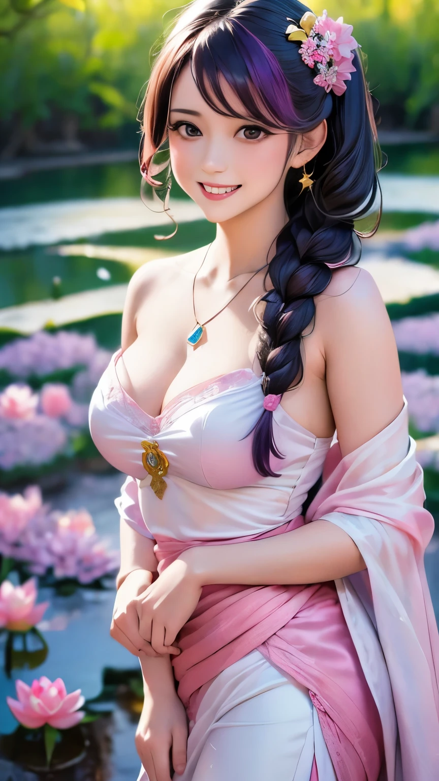 Superb Quality, Masterpiece, High Resolution, 1Girl, Blush, (Seductive Smile: 0.8), Star Pupil, Chinese Hanfu Lilac, Hair Accessories, Necklace, Jewelry, Beauty, on_body, Tyndall Effect, Realism, Lotus Pond, Light Edge, Two-tone Lighting, (High Detail Skin: 1.2), 8K UHD, DSLR, Soft Light, High Quality, Volume Lighting, Candid Photo, High Resolution, 4K, 8K, Background Bokeh
