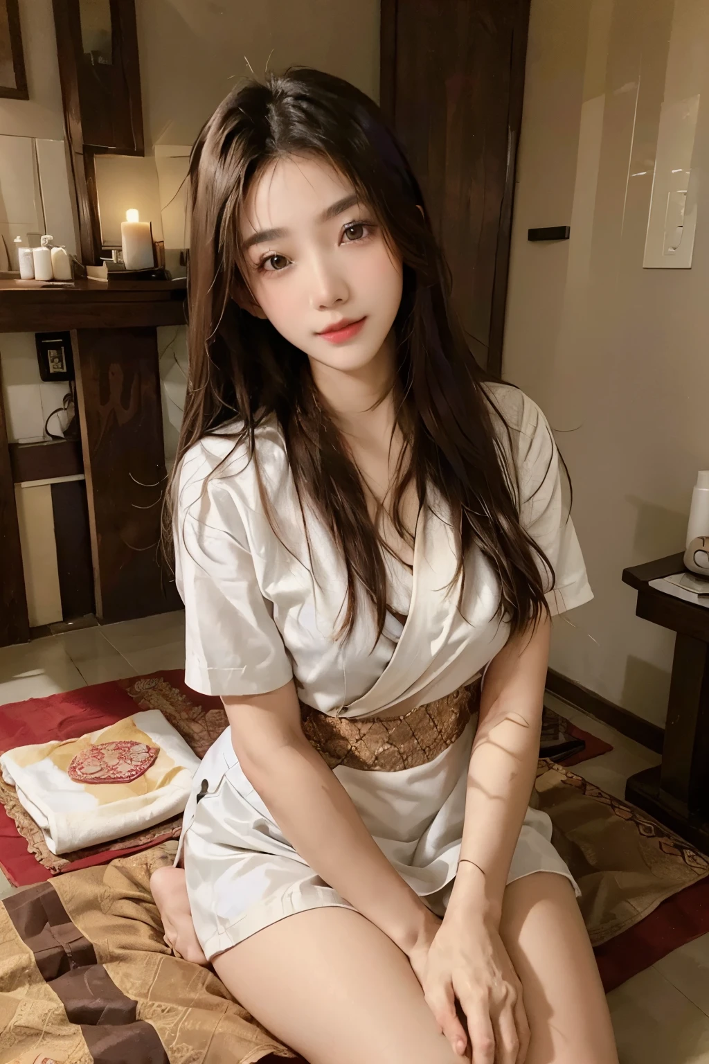 ((best quality)), ((masterpiece)), (detailed), perfect face,girl sitting in thai massage shop, korean beauty, Put a big towel next to you, thai massage, (from above) 