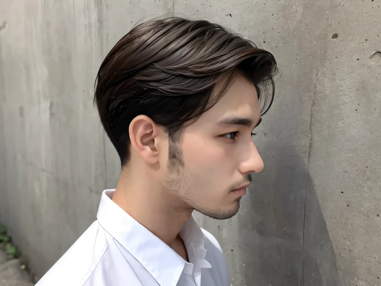 
Seed value: 3500540136、Thin and narrow sideburns、Image of a man in his 20s wearing a white shirt, ,boy's hair、short hair、Man without beard、profile、Concrete wall background、