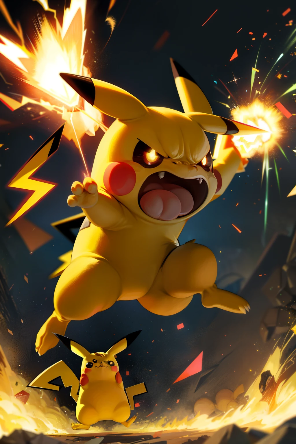 Very angry, ultra realistic Pikachu unleashes a thunder shock on a Duracell battery. With flared nostrils and bulging veins, Pikachu's expression radiates intense anger. Electricity crackles in the air as he raises his tiny paw, ready to strike. The battery, previously pristine, now bears the brunt of Pikachu's wrath. Sparks fly and the battery's label lights up as Pikachu delivers a powerful shock. This dynamic scene, full of energy and emotion, is truly a masterpiece of the highest quality.