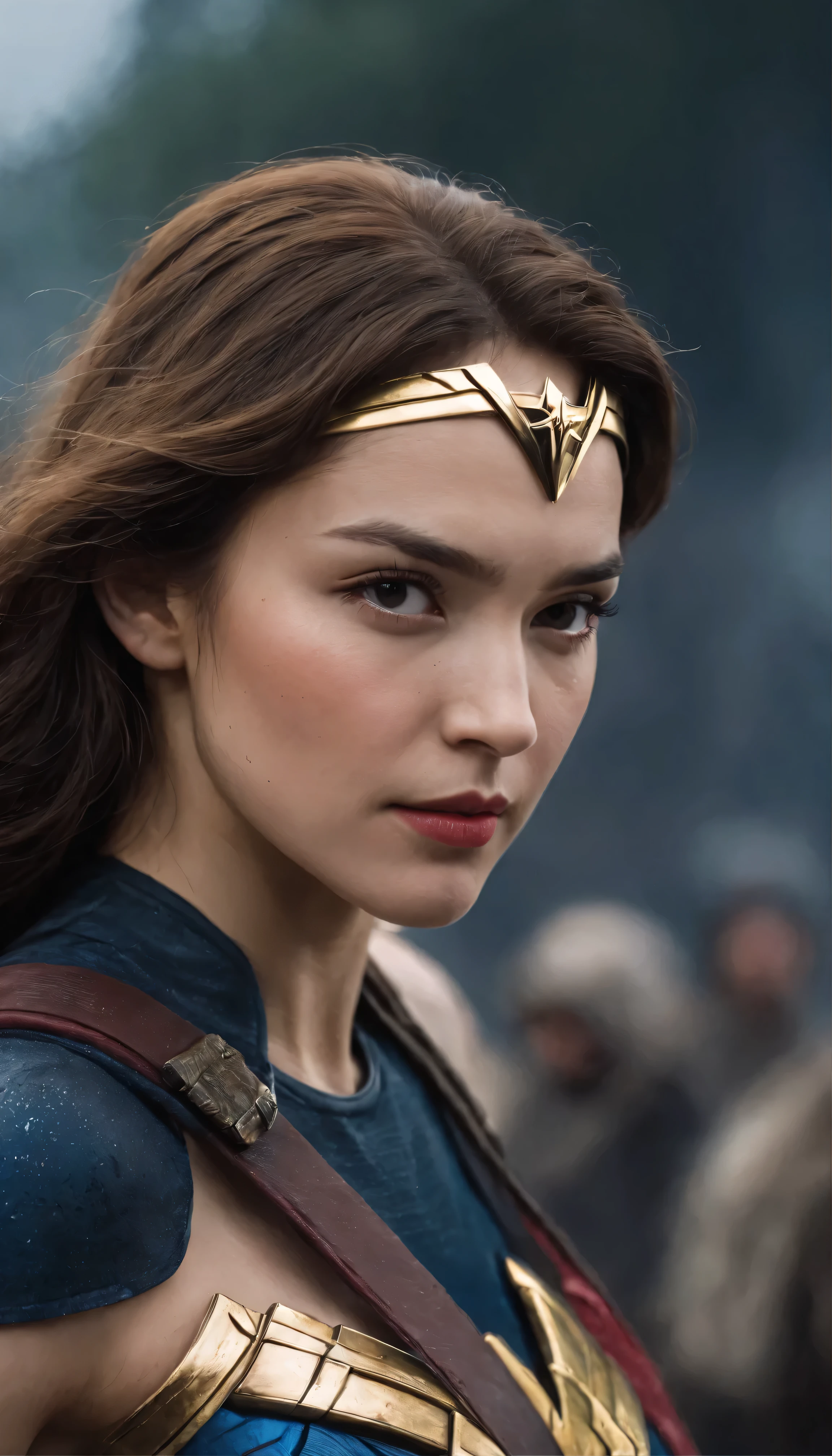 An 18-year-old girl with short, curly blonde hair、Wearing the iconic Wonder Woman suit。A beautiful face framed by golden hair、It shows determination and strength。She stood on the rain-soaked roof、Ready to face any challenge。This masterpiece is、Exemplifies exquisite detail and perfect anatomy。The lines and curves of the suit、Capture the essence of the Amazon princess、It is accurately represented。Her fighting stance is calm.、I am full of confidence、Staring into the distance、protection、Ready to serve。Dark and moody background、Highlighting her bright and vibrant suit、It makes her the focal point of the scene.