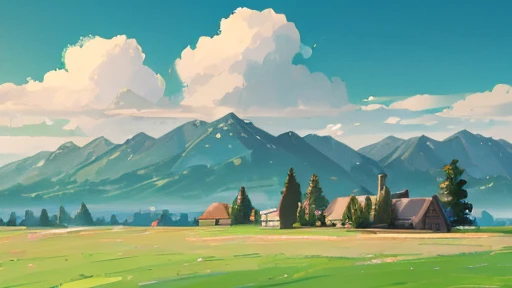A plain full of green grass. Can see a little bit of mountains with some clouds. There is a one house in the middle.