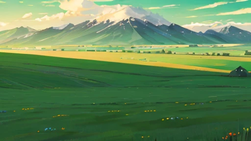 A plain full of green grass. Can see a little bit of mountains with some clouds. There is a one house in the middle.