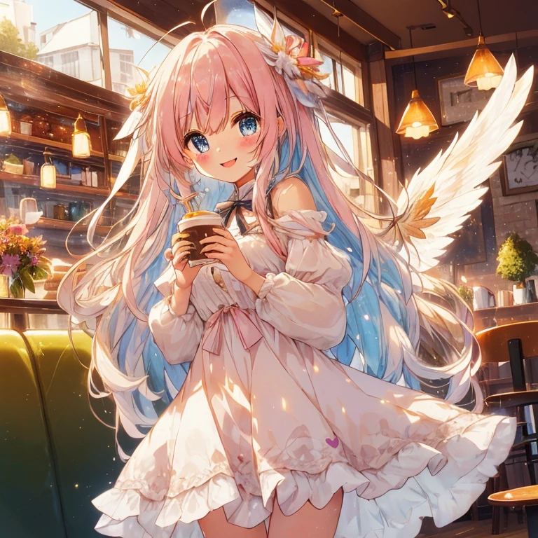 (Lunch in a coffee shop, table, sandwich, salad, coffee,). She has a very cute atmosphere as she looks delicious eating her delicious lunch in a coffee shop. A moe anime style bishoujo with big sparkling blue eyes and a fluffy appearance. Full body. Sparkling smile, open mouth smile. She wears a pastel-colored dress with detailed and delicate ruffles, with many ribbons and heart-shaped ornaments. She has fantastic, fine translucent white wings and an aura of magical light that accentuates the fantastic atmosphere. Her hair is voluminous and long wavy, with ribbons to match, giving her a cute and whimsical look. The background is a soft pink color that complements her fantastical and gentle atmosphere, with sparkling dusty light fluttering in the calm atmosphere of the coffee shop. (( highest image quality, highest quality ))