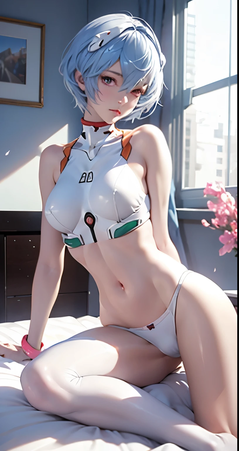 (Realistic, photoRealistic), ayanami, One Girl, Blue Short Hair, White hair ornament, (((White underwear,Sexy pose,On the bed)))), Sit on the ground, (Cowboy Shot),(Tabletop, high quality, 最high quality), (colorful),(Delicate eyes and face), Volumetric Light, Ray Tracing, Highly detailed CG Unity 8k wallpaper,alone((Flying petals)),indoor, ((Neon Trim)),frontage,(Spread your legs)