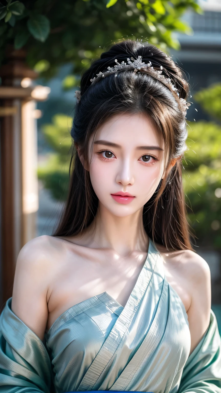 1 Girl,whole body,Bare shoulders，Medium chest，Extremely detailed face, Beautiful and delicate eyes,There is light on the face,Movie Lighting,Looking at the audience,outdoor,Black Hair,(Black Chinese Building:0.05),Hanfu,