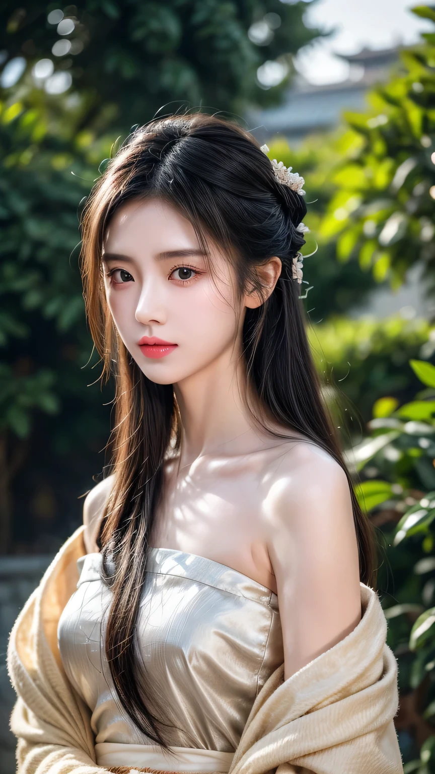 1 Girl,whole body,Bare shoulders，Medium chest，Extremely detailed face, Beautiful and delicate eyes,There is light on the face,Movie Lighting,Looking at the audience,outdoor,Black Hair,(Black Chinese Building:0.05),Hanfu,