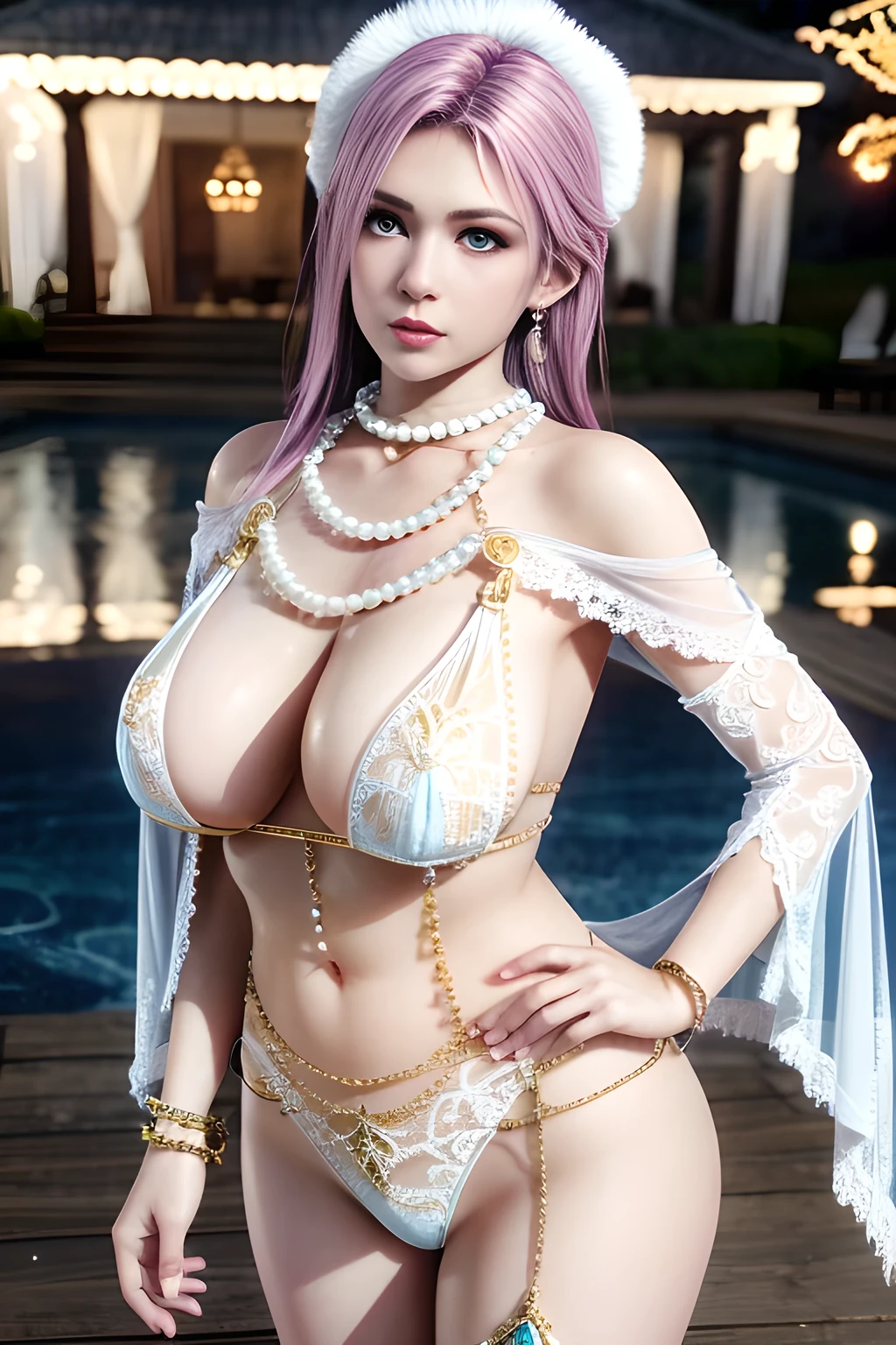 1 girl,lean over ,(Wearing Ice-crystal embellished dress:1.2) ,(Wearing Jewel:1.2) ,( lace_cloak:1.3),(Fluffs ),(pearl bodychain:1.3),mesh pantyhose,outdoor,elegant,nighttime,moonlighe,shiny skin,( ????????????), lip gloss,tattoos, masterpiece, best quality, realistic ,Surrealism,natural colors art in 8k,soft shadows,High-definition RAW color photos professional portrait photos,solo,  elise,