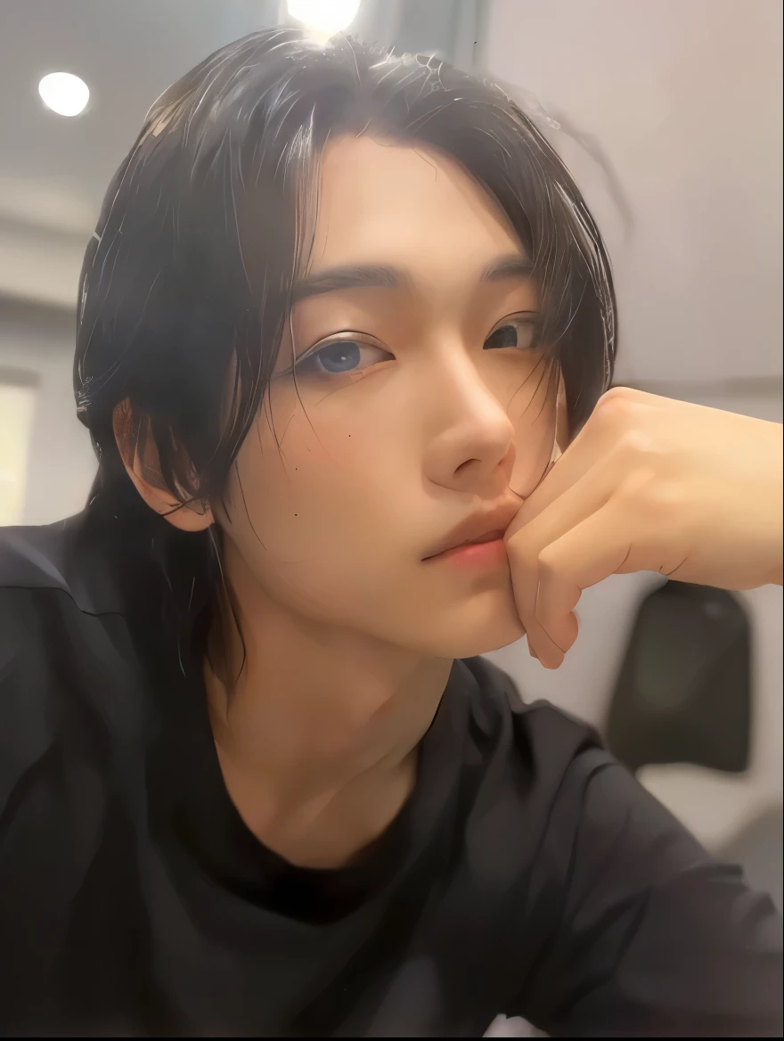 There is a man who is sitting with his hand on his chin, [ Fotorrealismo 4k ]!!, Kentaro, made with anime painter studio, estilo de arte de anime realista, estilo de realismo de anime, anime hiper realista, [ Fotorrealismo 4k ]!!!, fotorrealista!!!!!!! Estilo de arte, anime semi-realista, anime realism, estilo anime 3 d realista, fotorrealista anime