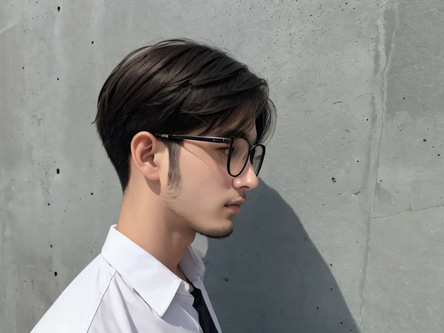 Seed value: 3500540136、Thin and narrow sideburns、Image of a man in his 20s wearing a white shirt, ,boy's hair、short hair、Man without beard、profile、Concrete wall background、Black-rimmed glasses