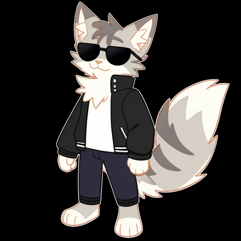 grey tabby cat illustration, very fluffy fur、male、Black eyes、Long grey and black checkered pants、Physical Normality、age14、Heavy cartoony eyes、long-sleeve、Waist-length clothing、doodle, black background, neck fluff, grey tabby cat tail, paws, sunglasses, white outline, looking forward, white shirt, black puffer jacket over white shirt
