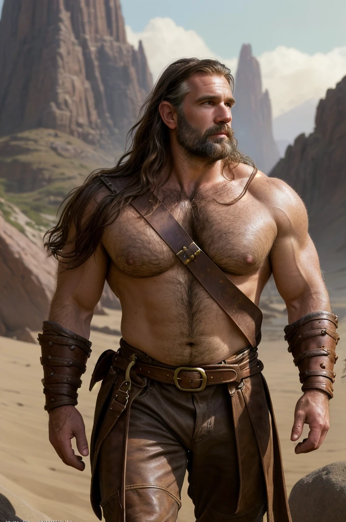 portrait of a ruggedly handsome paladin, soft hair, muscular, half body, masculine, mature, salt and pepper hair, leather, hairy, d & d, fantasy, intricate, elegant, highly detailed, digital painting, artstation, concept art, smooth, sharp focus, illustration, art by artgerm and greg rutkowski and alphonse mucha