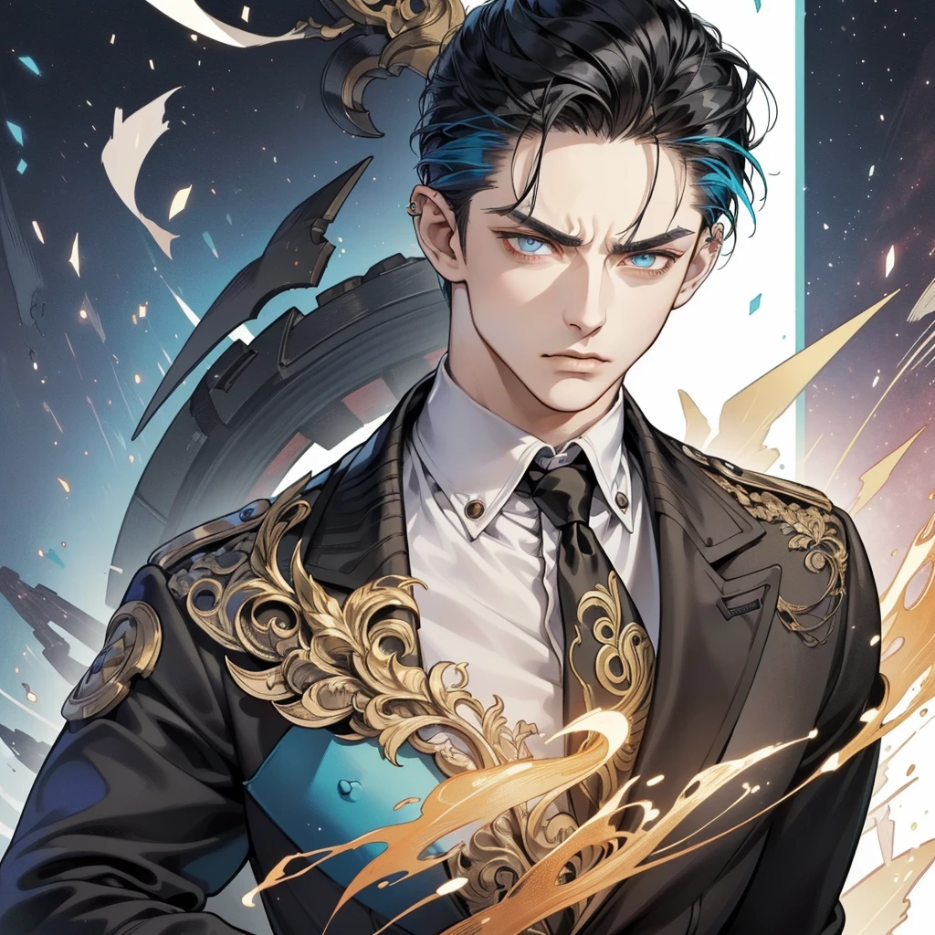 (A close up of a person wearing a jacket and tie: 1.2), a handsome guy in demon slayer art, (detailed face and neck: 1.4), anime handsome man, (sharp features and piercing gaze: 1.4), portrait of Eren Yeager, (expressive eyes and strong jawline: 1.4), anime portrait of a handsome man, ( hair slicked back and serious expression: 1.4), handsome anime pose, (one hand on hip and head tilted: 1.2), artwork in the style of Gu Weiz, (intricate details and vivid colors: 1.4), beautiful androgynous prince, (del