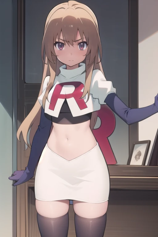 solo, 1girl, looking at viewer, 2D, anime, anime coloring, team rocket,team rocket uniform,white skirt,red letter R,crop top,black thigh-highs,black elbow gloves, taiga aisaka, oohashi, 