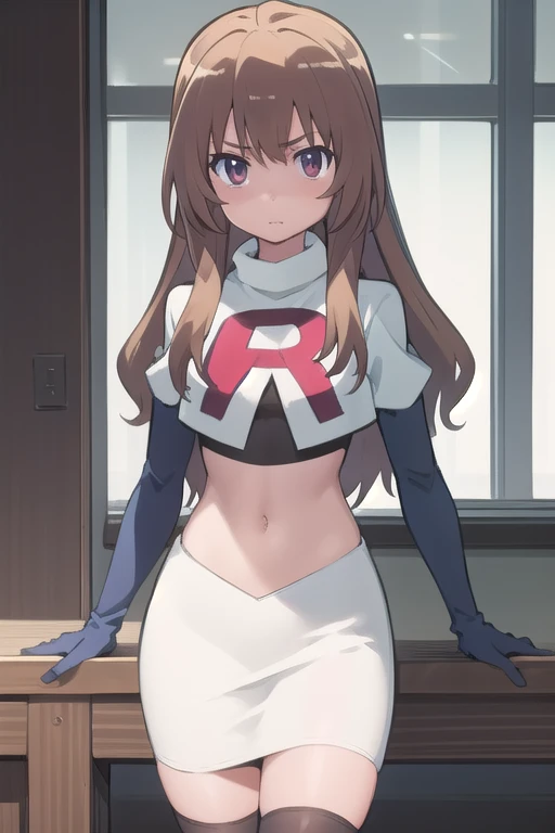 solo, 1girl, looking at viewer, 2D, anime, anime coloring, team rocket,team rocket uniform,white skirt,red letter R,crop top,black thigh-highs,black elbow gloves, taiga aisaka, oohashi, 