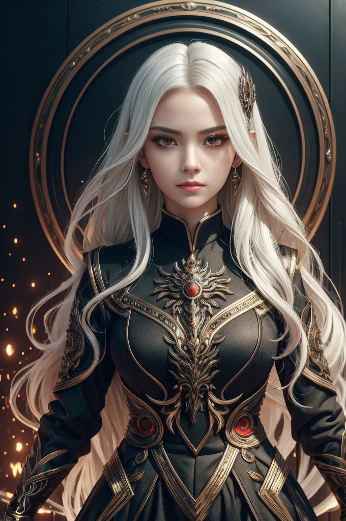 Portrait of a beautiful girl with wavy white hair, Wear a formal black dress with metallic parts, Red Eyes, Letter combination on background, number, Dark, 8k, Intricate details, High quality, 复古future风格, Sharp focus on the center, Soft colors, Art Station, (Science Fiction, future, future theme), (A contemptuous expression appeared on his face), (Detailed description)