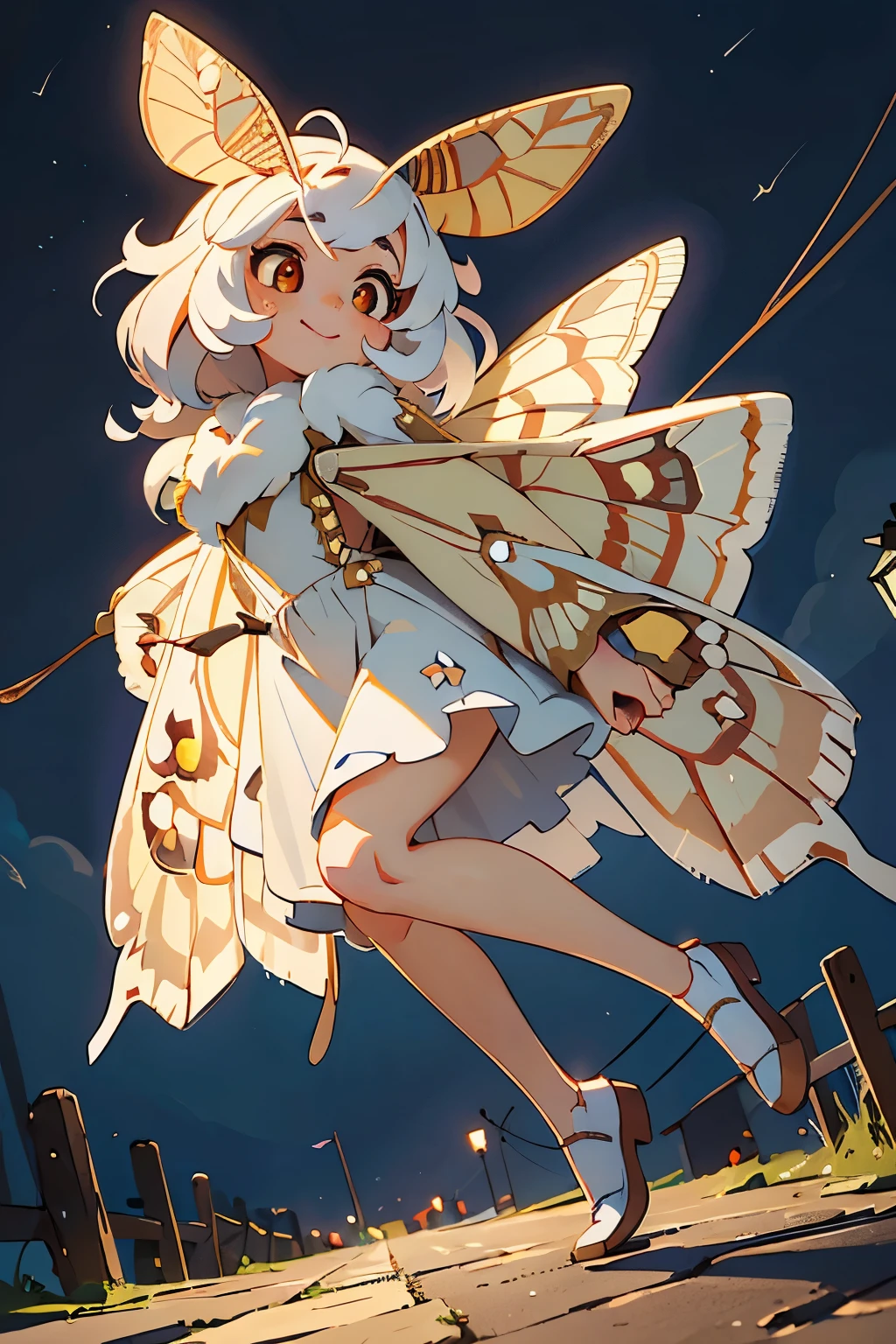 solo,1woman\(cute,kawaii,small kid,skin color white,short white hair,(big moth wing hair:1.7),red and blue dress\(beautiful race\),(2moth antennaes at hair:1.8),smile,[moth wing on back:2.0],[moth wing on body:2.0],[moth wings:2.0],[extra arm],moth wing is only at hair,breast,dynamic pose\),background\(night,moon,((beautiful street light))\), BREAK ,quality\(8k,wallpaper of extremely detailed CG unit, ​masterpiece,hight resolution,top-quality,top-quality real texture skin,hyper realisitic,increase the resolution,RAW photos,best qualtiy,highly detailed,the wallpaper,cinematic lighting,ray trace,golden ratio,\),full body,looking away, 