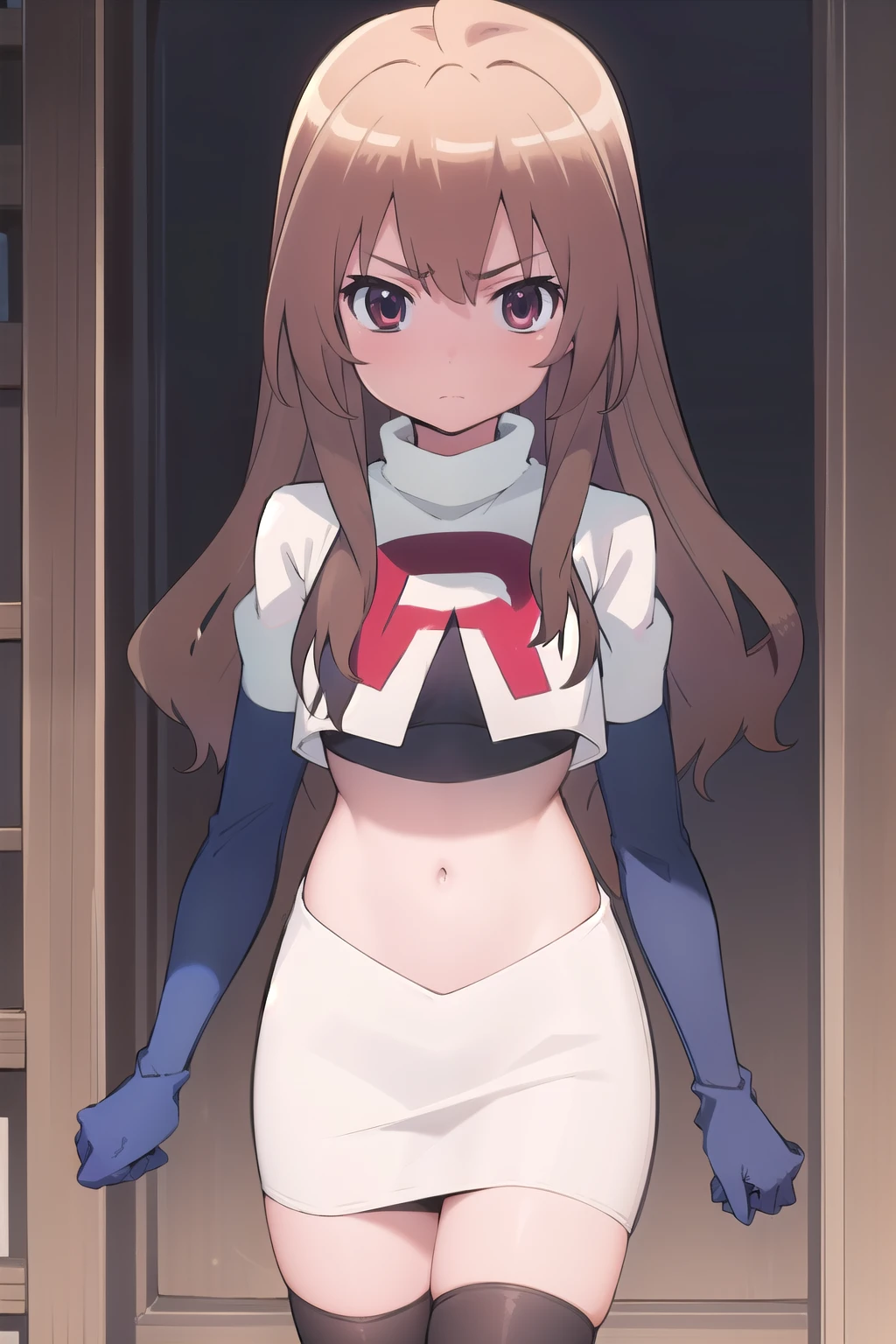 solo, 1girl, looking at viewer, 2D, anime, anime coloring, team rocket,team rocket uniform,white skirt,red letter R,crop top,black thigh-highs,black elbow gloves, taiga aisaka, oohashi, 