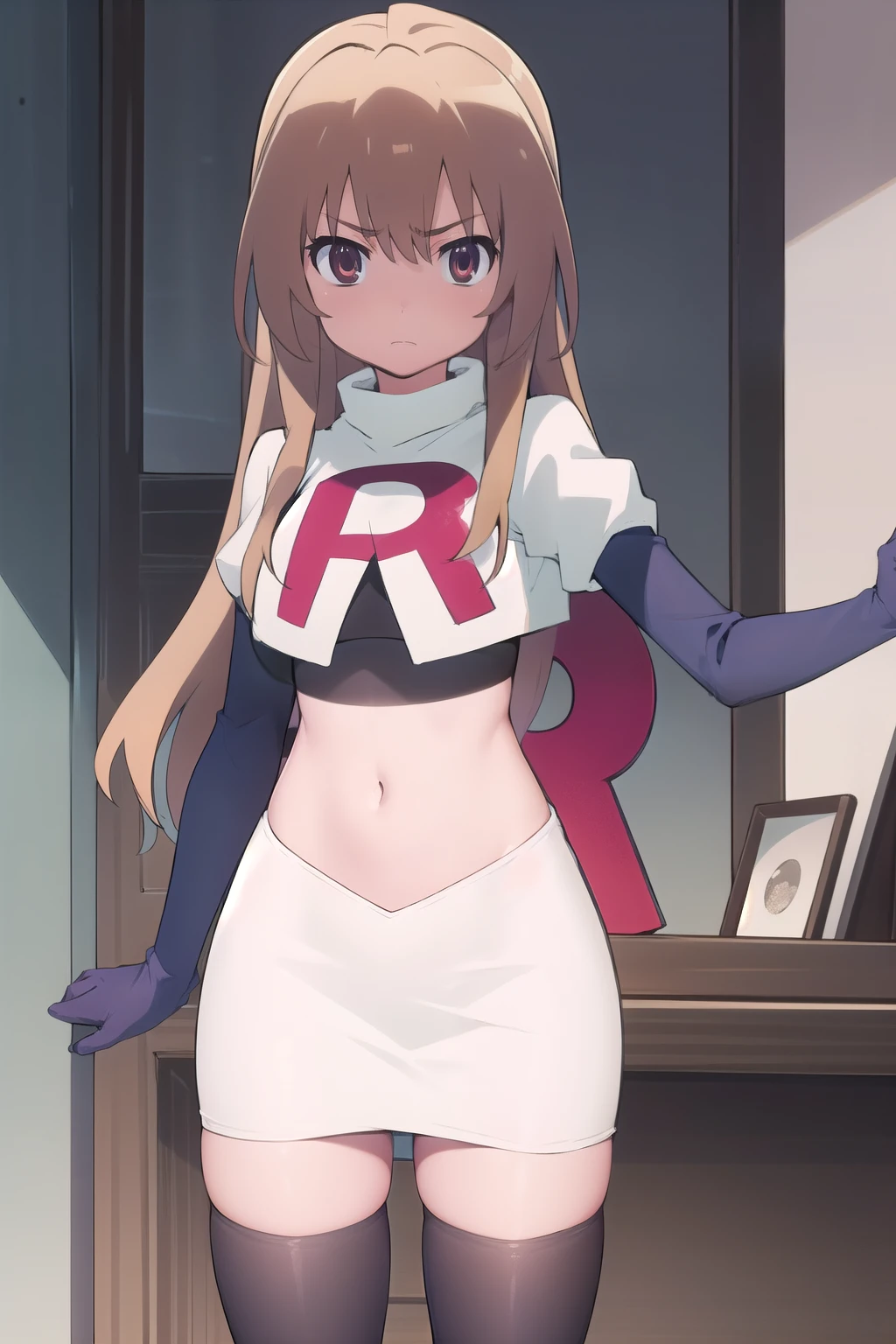 solo, 1girl, looking at viewer, 2D, anime, anime coloring, team rocket,team rocket uniform,white skirt,red letter R,crop top,black thigh-highs,black elbow gloves, taiga aisaka, oohashi,