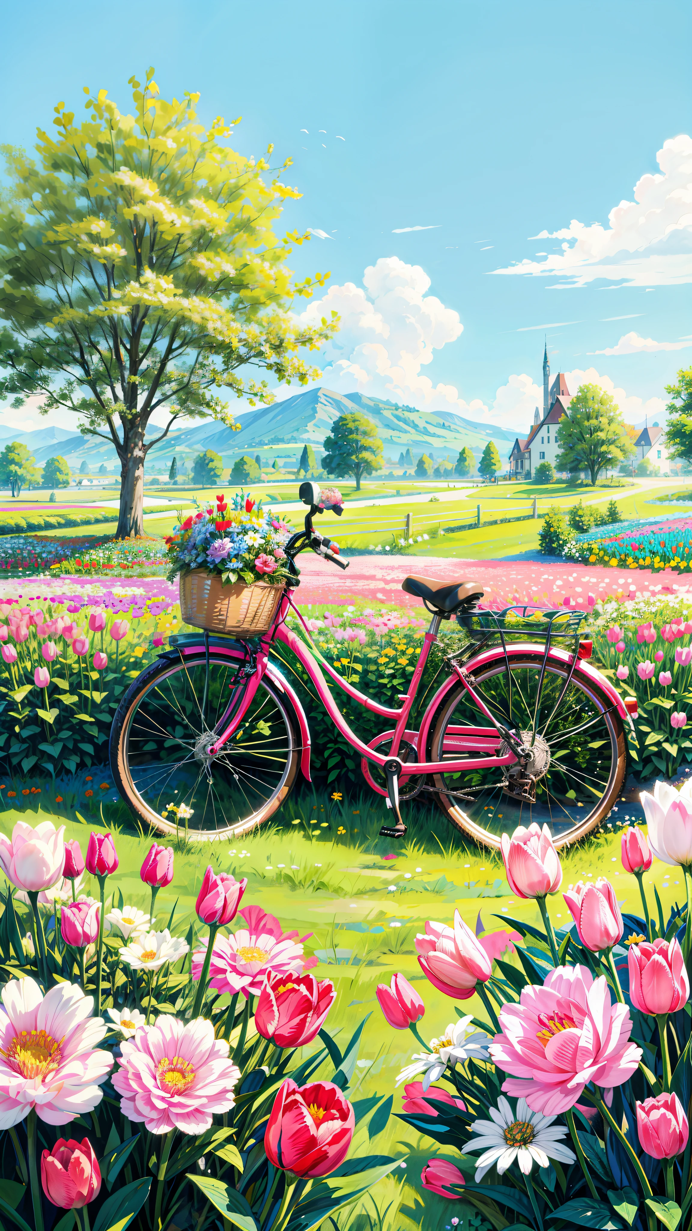 painting of a flowers field with a  pink bicycle with a basket full of flowers, roses and tulips, cute style garden, tulips, beautiful garden, bicycle, beautiful flowers, dutch style, bicycle in background, blue sky, scenery, spring theme, lo-fi, lofi art style, made of flowers, lush flowery outdoors, the platonic ideal of flowers, cottagecore flower garden, whimsical and cute, flowers everywhere, spring time, flower garden, 4k professional painting, game, detailed key anime art, illustation, a beautiful artwork illustration, beautiful digital painting, highly detailed digital painting, beautiful digital artwork, detailed painting 4 k, very detailed digital painting, rich picturesque colors, gorgeous digital painting