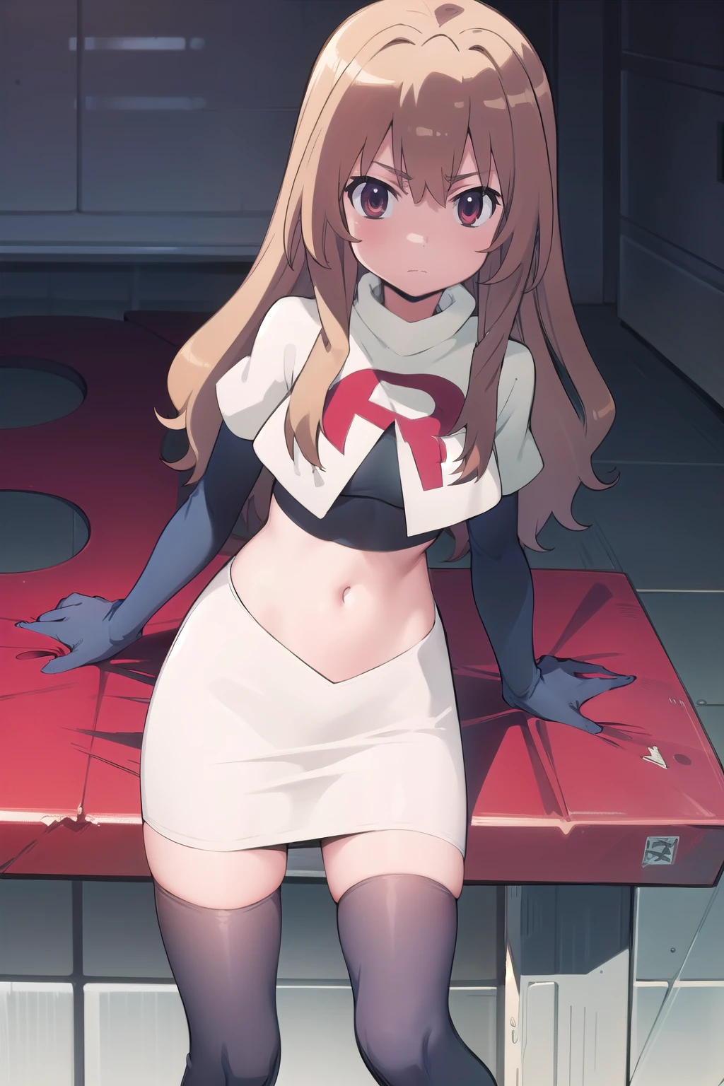 solo, 1girl, looking at viewer, 2D, anime, anime coloring, team rocket,team rocket uniform,white skirt,red letter R,crop top,black thigh-highs,black elbow gloves, taiga aisaka, oohashi, 