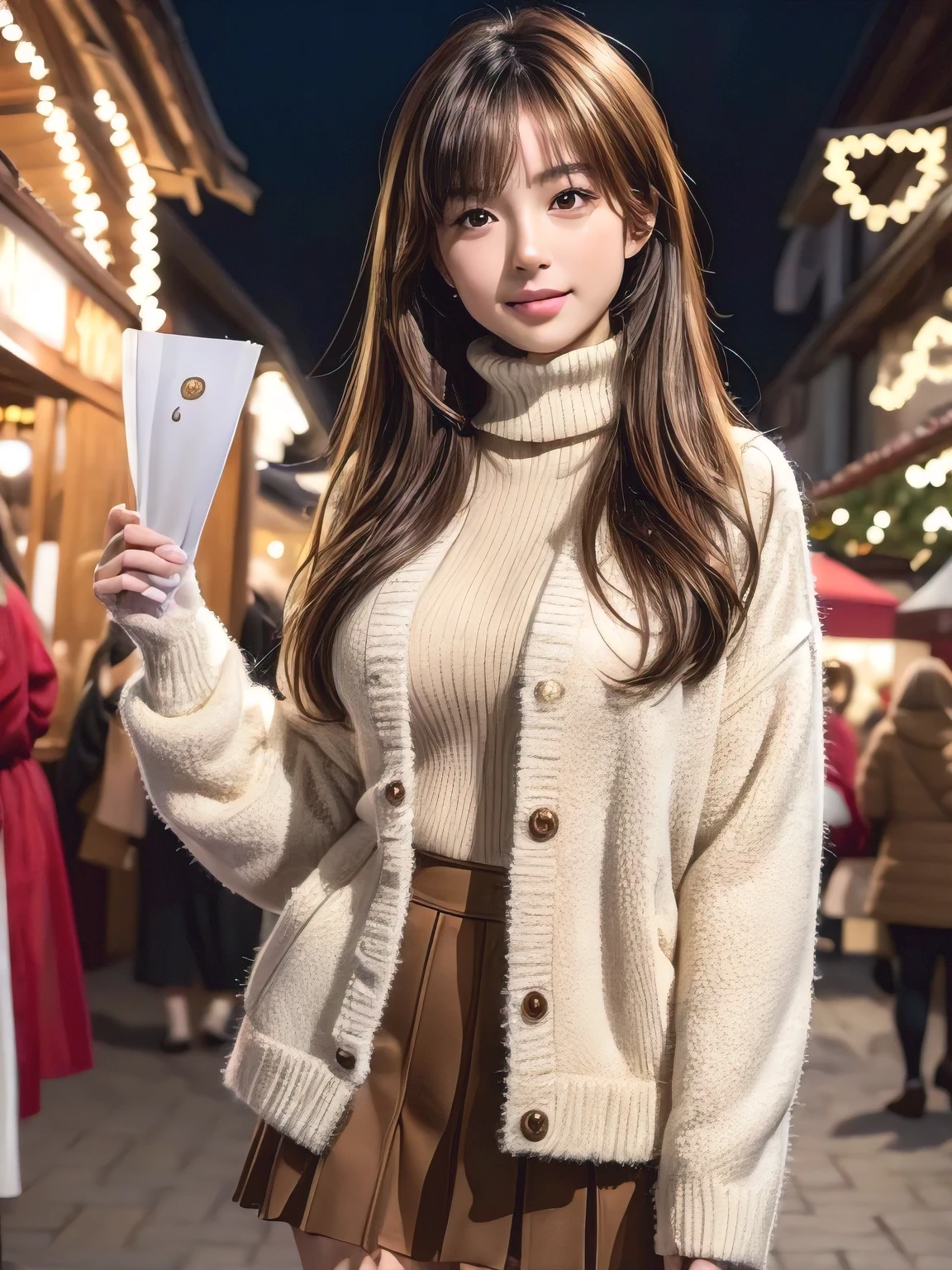 (8k,masterpiece, RAW Photos,highest quality:1.4),(Photorealistic:1.2),(extremely Detailed face),(Shiny skin),(Detailed skin),(Detailed face),(Very beautiful face),One girl,View your viewers,Japanese Idols(actress), Brown Hair,Medium Hair,Straight hair,Asymmetrical bangs,smile,Glamour,Large Breasts, (Fleece jacket, Turtleneck sweater, Pleated skirt:1.2), Christmas Market,High position,Professional Lighting
