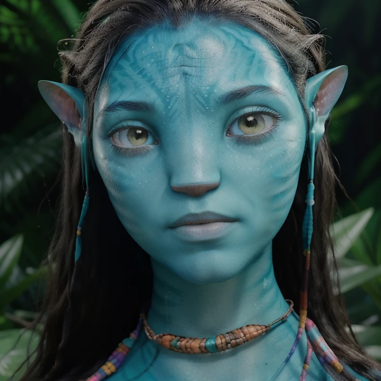 avatar style, (face portrait:1.6), naavi, 1girl, female, (green eyes), ((eyebrowless)), pointy ears, (turquoise skin tone:1.0), (straight hair:1.0), black hair color, ((long hair)), (young adult), 18 years old, face wrinkles, wearing colorful tribal clothing, (wearing tribal acessories), detailed eyes, toned body, muscled body, vibrant colors, glowing, ethereal atmosphere, surrealistic dreamy lighting, textured skin, otherworldly beauty, mesmerizing photography, (best quality, highres), vivid colors, ultrarealistic, skin details, striped skin, sfw, face close-up:0.5, ultradetailed body, ((turquoise skin)), AvTsireya, jortega