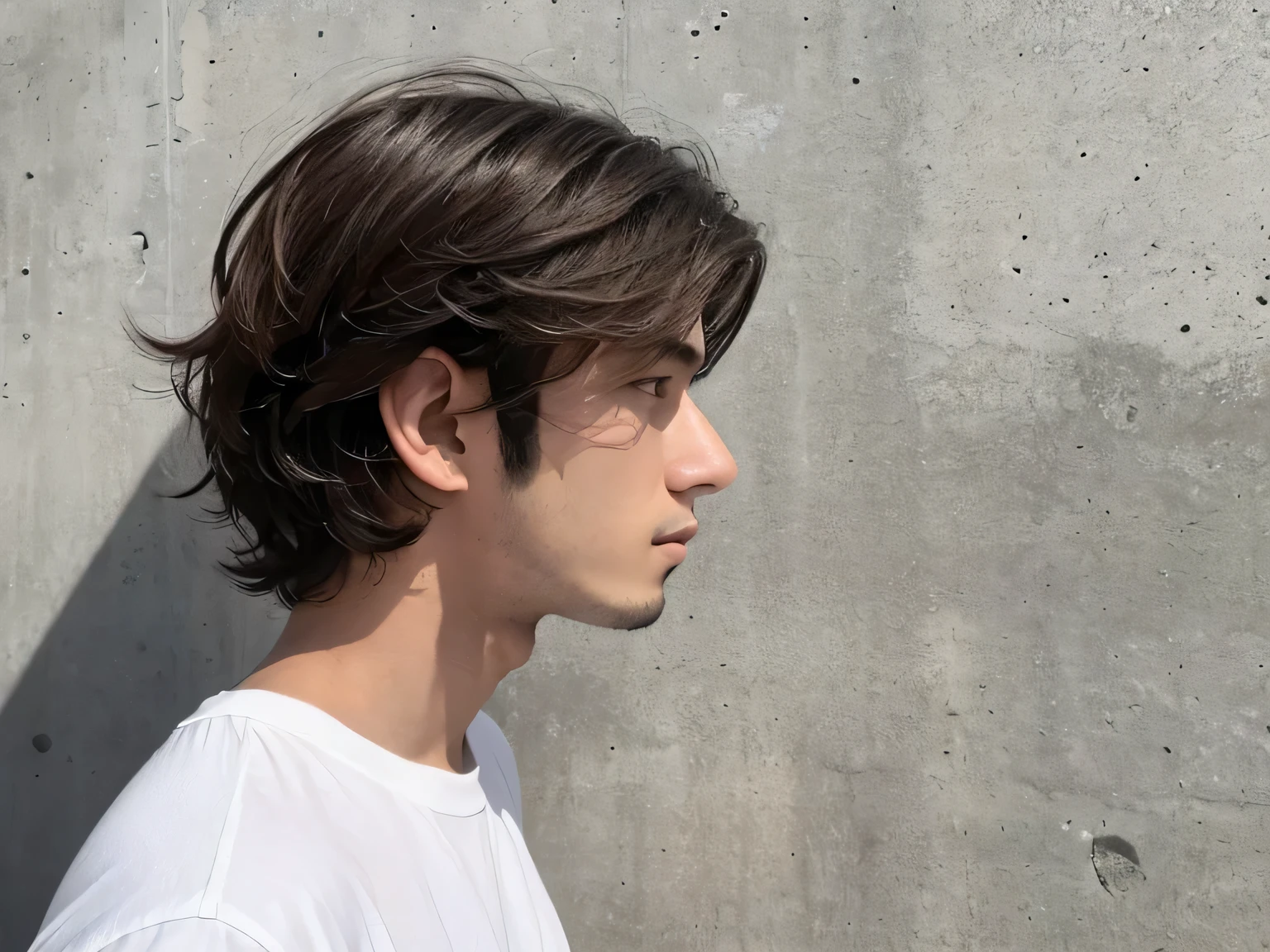 Seed value: 3500540136、Beautiful Skin、Image of a man in his 20s wearing a white T-shirt, ,boy's hair、short hair、Wavy Hair、Man without beard、profile、Concrete wall background、