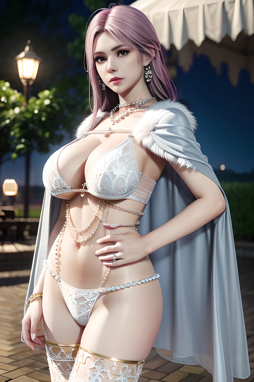 1 girl,lean over ,(Wearing Ice-crystal embellished dress:1.2) ,(Wearing Jewel:1.2) ,( lace_cloak:1.3),(Fluffs ),(pearl bodychain:1.3),mesh pantyhose,outdoor,elegant,nighttime,moonlighe,shiny skin,( huge breasts), lip gloss,tattoos, masterpiece, best quality, realistic ,Surrealism,natural colors art in 8k,soft shadows,High-definition RAW color photos professional portrait photos,solo, elise,