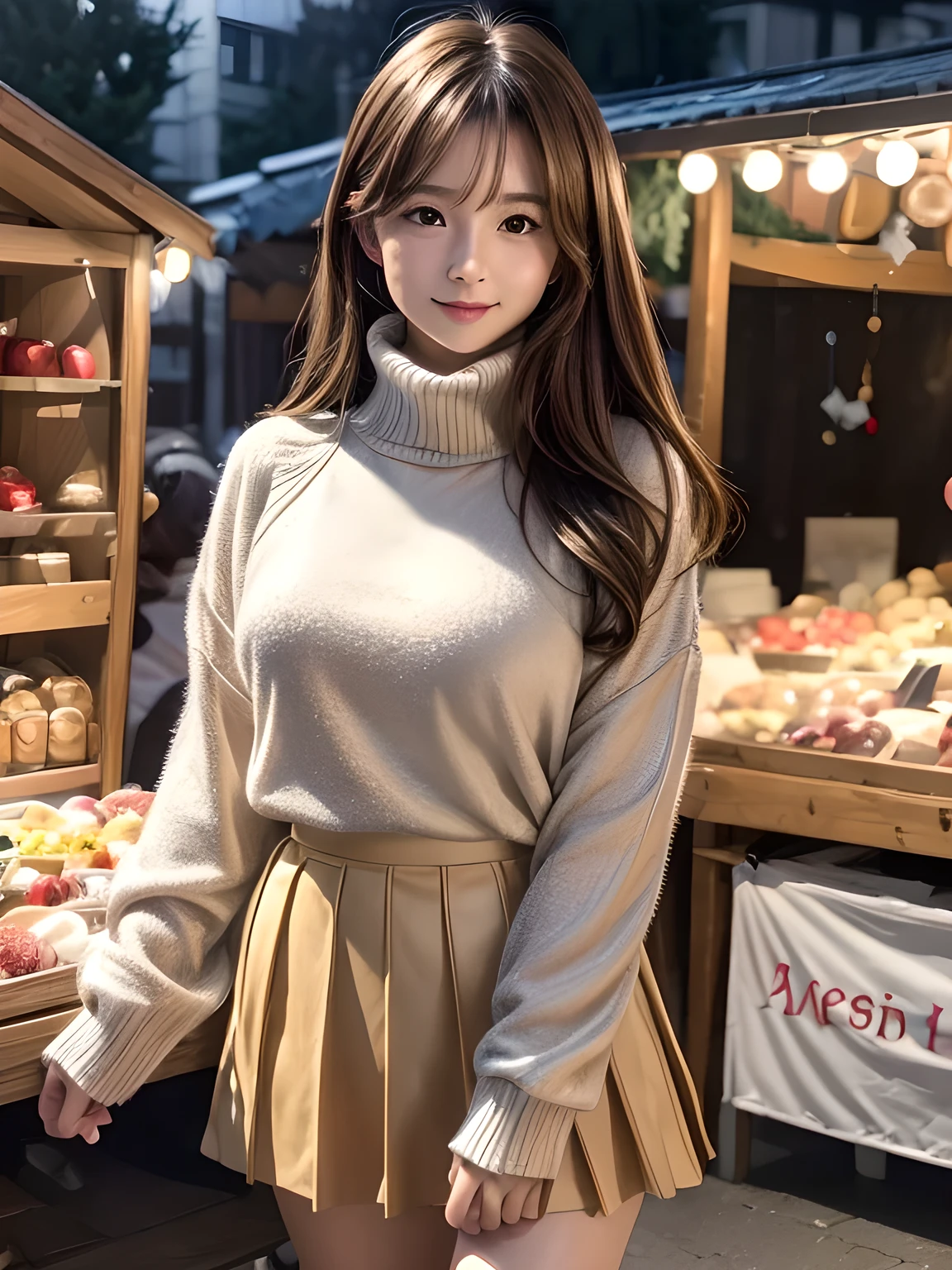 (8k,masterpiece, RAW Photos,highest quality:1.4),(Photorealistic:1.2),(extremely Detailed face),(Shiny skin),(Detailed skin),(Detailed face),(Very beautiful face),One girl,View your viewers,Japanese Idols(actress), Brown Hair,Medium Hair,Straight hair,Asymmetrical bangs,smile,Glamour,Large Breasts, (Fleece jacket, Turtleneck sweater, Pleated skirt:1.2), Christmas Market,High position,Professional Lighting