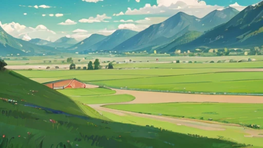A plain full of green grass. Can see a little bit of mountains with some clouds. There is a one house in the middle and a river with carts