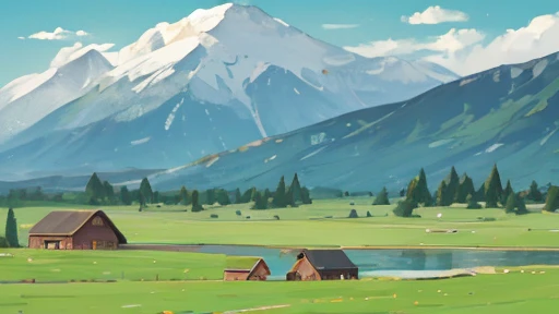 A plain full of green grass. Can see a little bit of mountains with some clouds. There is a one house in the middle and a river with carts