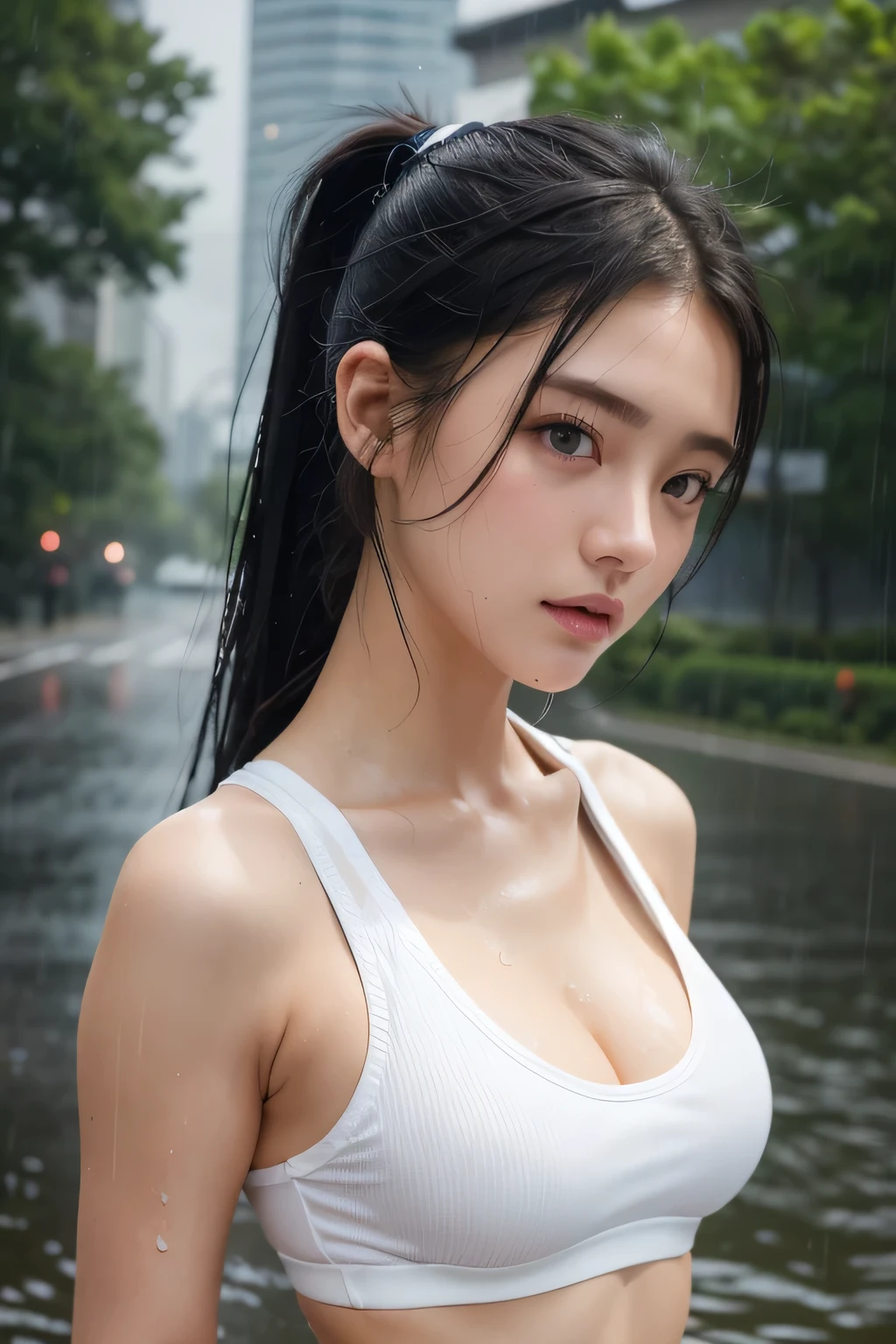 19 years old, Sexy lips, Black hair ponytail, Wet Hair, ((White sports bra with open chest))、((Short denim))、Wet clothes, Walk in the pouring rain,Cinematic shots, Aesthetic Rain, Unlikely, black eye, Big Breasts、Detailed eyes, Detailed face, 4k, 8k, Upper body portrait、masterpiece, 最high quality, high quality, High resolution, White sports bra、Short denim、Wet clothes stick to the skin、White sports bra、Soaking wet、Cleavage、