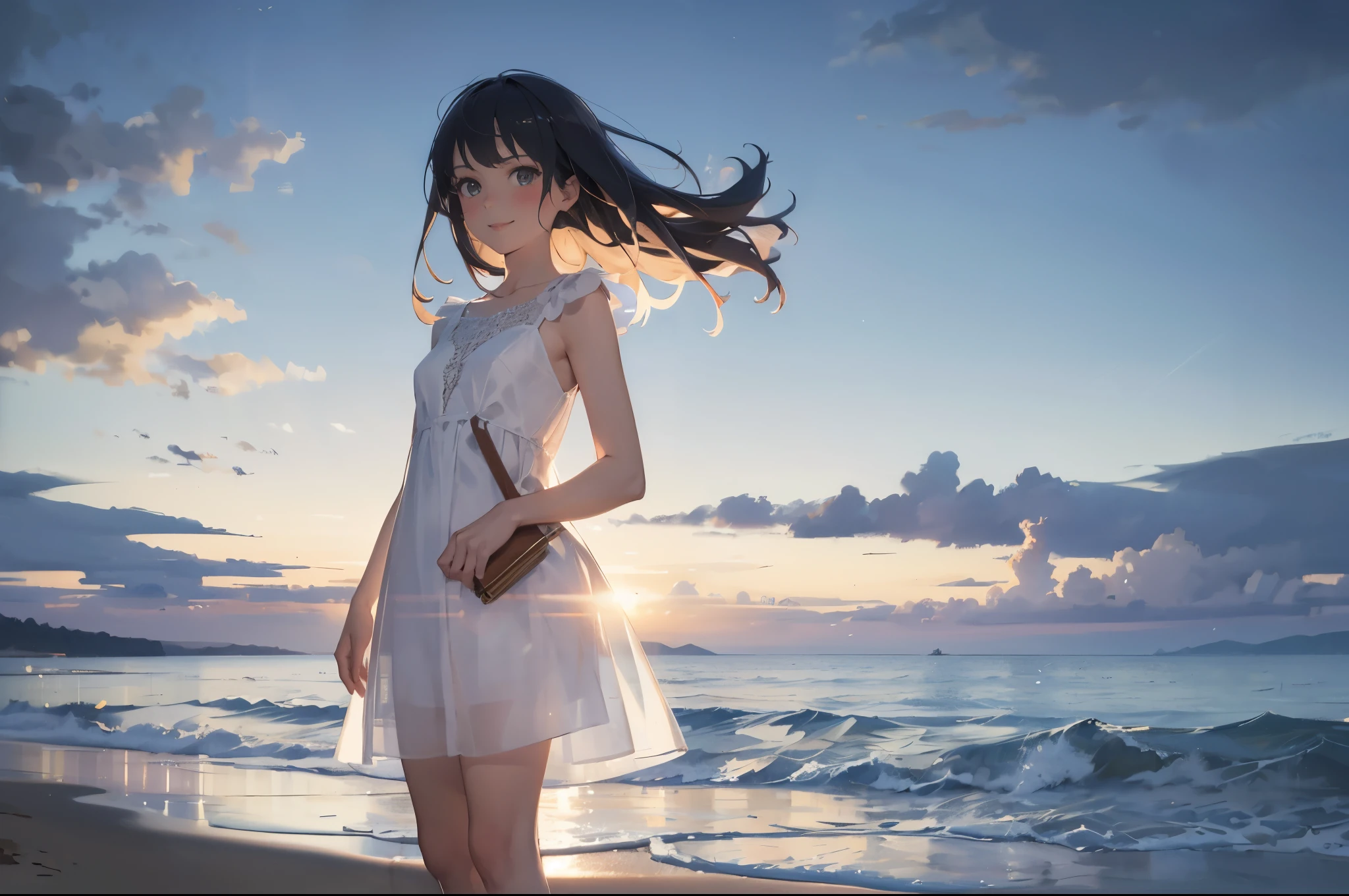 (super flat, flat shading), Honors Type, Really blushing, 17 years old, a girl in a see-through white dress, bare foots, smile, in dress, cute waifu in a nice dress, my dress up darling, pretty girl, young girl, beautiful girl, by the calm sea, dramatic lighting,