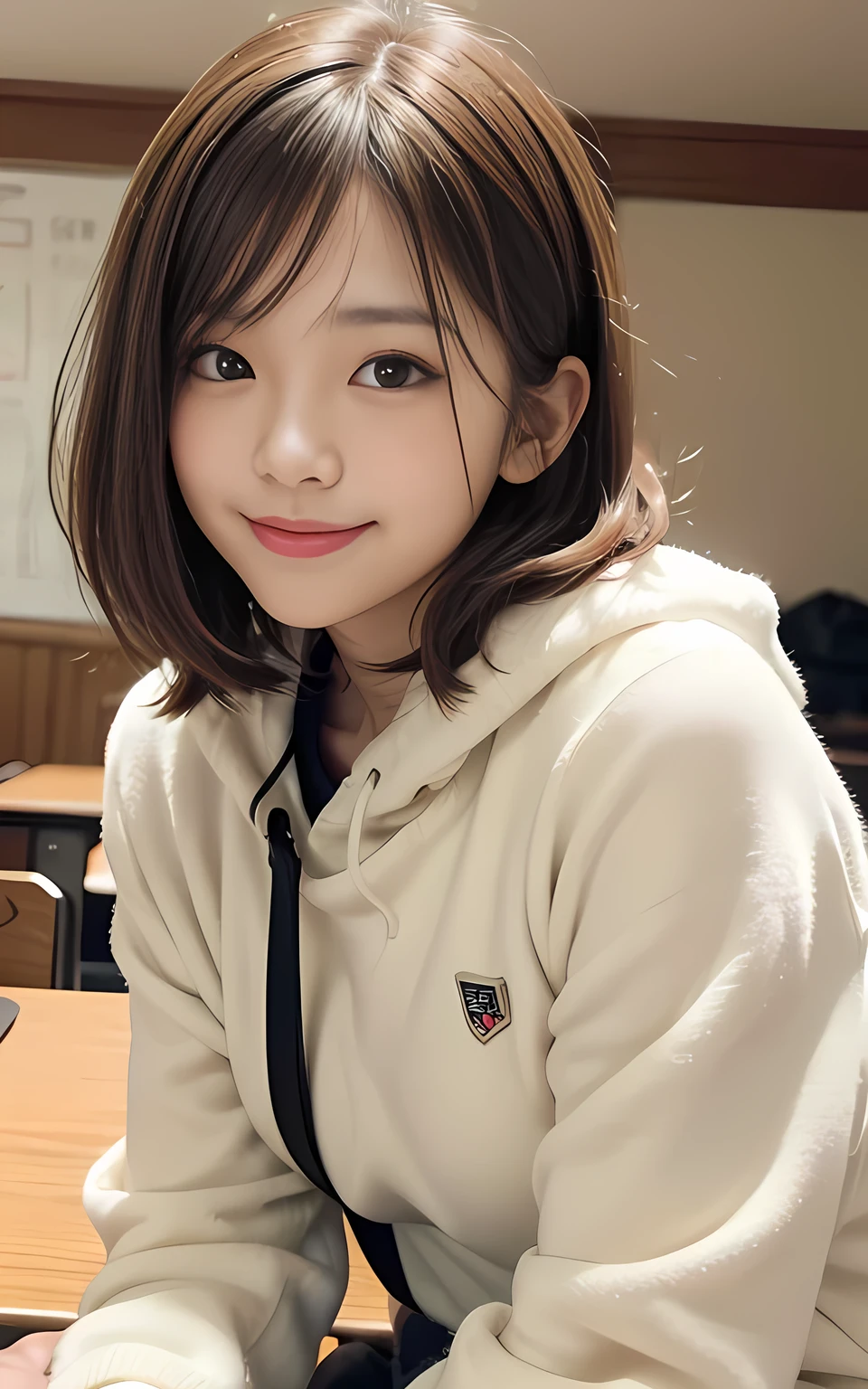 Cute 21 year old Japanese、School、University、During class、Super detailed face、Pay attention to the details、double eyelid、Beautiful thin nose、Sharp focus:1.2、Beautiful woman:1.4、(Light brown hair,short hair、),Pure white skin、highest quality、masterpiece、Ultra-high resolution、(Photorealistic:1.4)、Highly detailed and professional lighting、nice smile、Show your whole body、Cute colorful winter clothes、