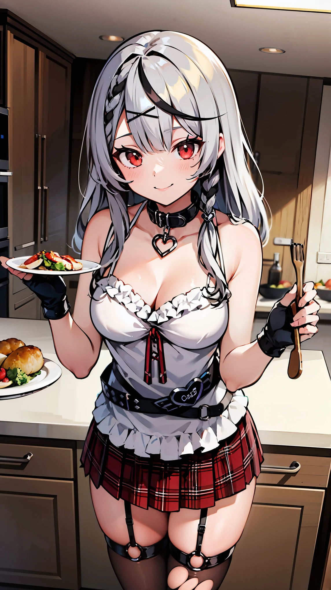 ((masterpiece, best quality, highres)), depth of field, 
BREAK, 1girl, standing behind the kitchen, (cooking:1.3), smile, 
BREAK, (indoors, kitchen), Dishes served on a plate,     
BREAK, (sakamata chloe, garter straps, fingerless gloves, torn thighhighs, grey hair, multicolored hair, plaid skirt, cleavage, x hair ornament, red skirt, black collar, white camisole, breasts, braid, black belt, long hair, black jacket), ((red eyes)), ((Beautiful detailed eyes))