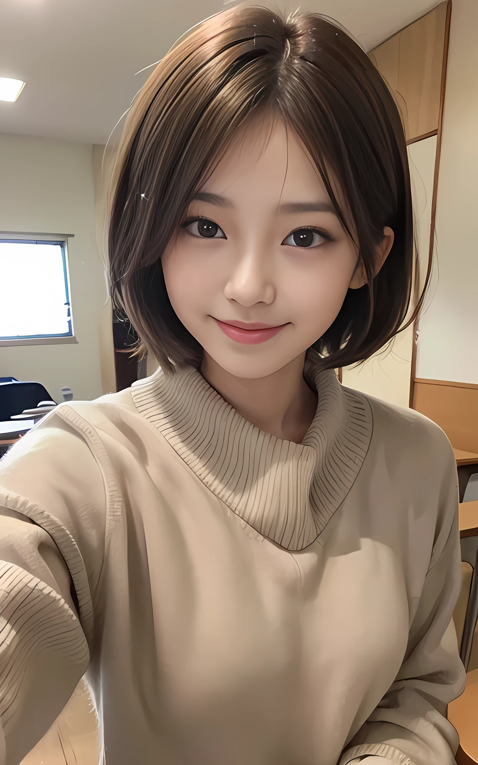 1girll,Mysterious eye close-up,with short black hair,Sweaters,mesmerizing eyes,A detailed eye,Selfie angle,Pure and cute expression,Smile gently,is shy,Shy