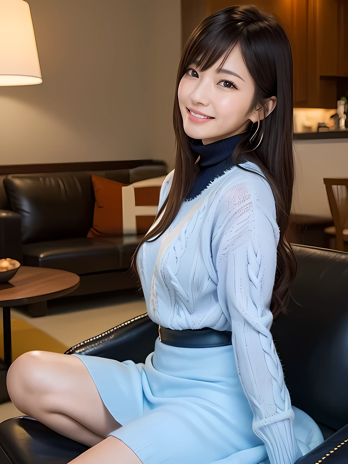 throw,  (((One girl:1.3))), (masterpiece:1.3), High resolution, 最high quality, high quality, Super detailed, Highly detailed CG Unity 8k wallpaper, Realistic, photo-Realistic, RAW Photos, Beautifully detailed face, Realistic skin, Detailed cloth texture, Detailed hair texture, Perfect body, Beautiful face and teeth, Accurate, Anatomically correct, Highly detailed face and skin texture, Natural neck length, (Beautiful Hands), (Fair skin:1.2), Thin legs, Thin legs, Shiny necklace and earrings, 
break 
beautiful Detailed eyes, Symmetrical eyes, Brown eyes, double eyelid, Thin eyebrows, (Glossy Lips:1.4), (Smile:1.15), 
break 
((Oversized light blue turtleneck long sleeve flared fluffy sweater:1.2)), 
break 
((A long skirt with black leather:1.2)), ((barefoot)), 
Medium large breasts, (Hard chest, Shapely breasts, Slim figure:1.1), 
(Dark brown hair, Wavy Hair), ((Medium Long Hair:1.2)), ((Side-swept bangs:1.4)), 
break 
((night、Sit in a lounge chair in the luxurious spaciousness of one of Japan&#39;s most famous and long-established inns.:1.5)),, 
break 
(((Cowboy Shot:1.2))), (From the side),