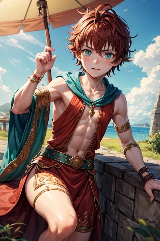 (masutepiece, Best Quality),1boy,(younge boy,child-faced,Boy's face),a baby face,(very small and short stature), (very young boy), (very small and short body), Naked,Kneeling, desert,infancy,young age,short round face,Flat chin,finely detaild face,Gray loincloth,Little-muscled,short-hair,radiant eyes,opens his eyes wide,with an intricate,full body Esbian,nakeness,vivd colour,(depth of fields:1.2),(Abs),Ancient ruins,Look at the ruins,Full body portrait of a slight smile