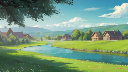 A plain full of green grass. There is a one house in the middle and a river with a cart with boxes