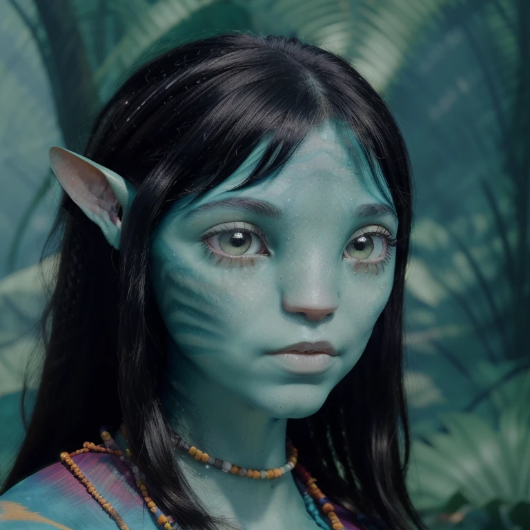 avatar style, (face portrait:1.6), naavi, 1girl, female, (green eyes), (big eyes), ((eyebrowless)), pointy ears, (turquoise skin tone:1.0), (straight hair:1.0), black hair color, ((long hair)), (young adult), 18 years old, face wrinkles, wearing colorful tribal clothing, (wearing tribal acessories), detailed eyes, toned body, muscled body, vibrant colors, glowing, ethereal atmosphere, surrealistic dreamy lighting, textured skin, otherworldly beauty, mesmerizing photography, (best quality, highres), vivid colors, ultrarealistic, skin details, striped skin, sfw, face close-up:0.5, ultradetailed body, ((turquoise skin)), AvTsireya, jortega