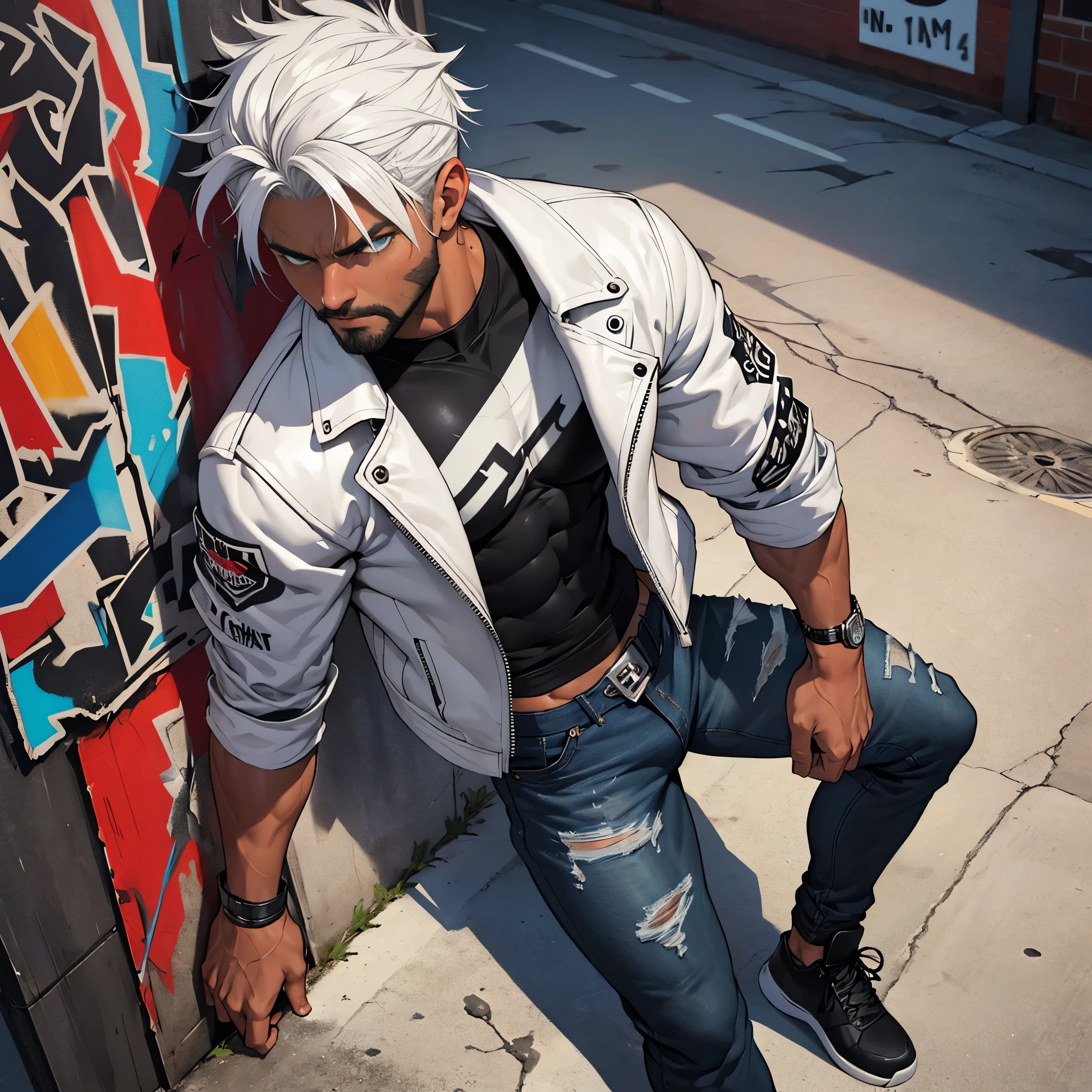 skateboarder punk man, full body shot, viewed from above, annoyed badass, highly detailed face, leaning back, sweating, masculine with short beard, body hair, ((dark tanned skin)), bulge, short white hair, smoky grunge punk graffiti, wearing ((skintight black denim)) pants, cum gutters, v-line:1.5, ((he is solo)), ((he is alone)), heterochromia, wearing bandana, shirtless, open front white leather jacket