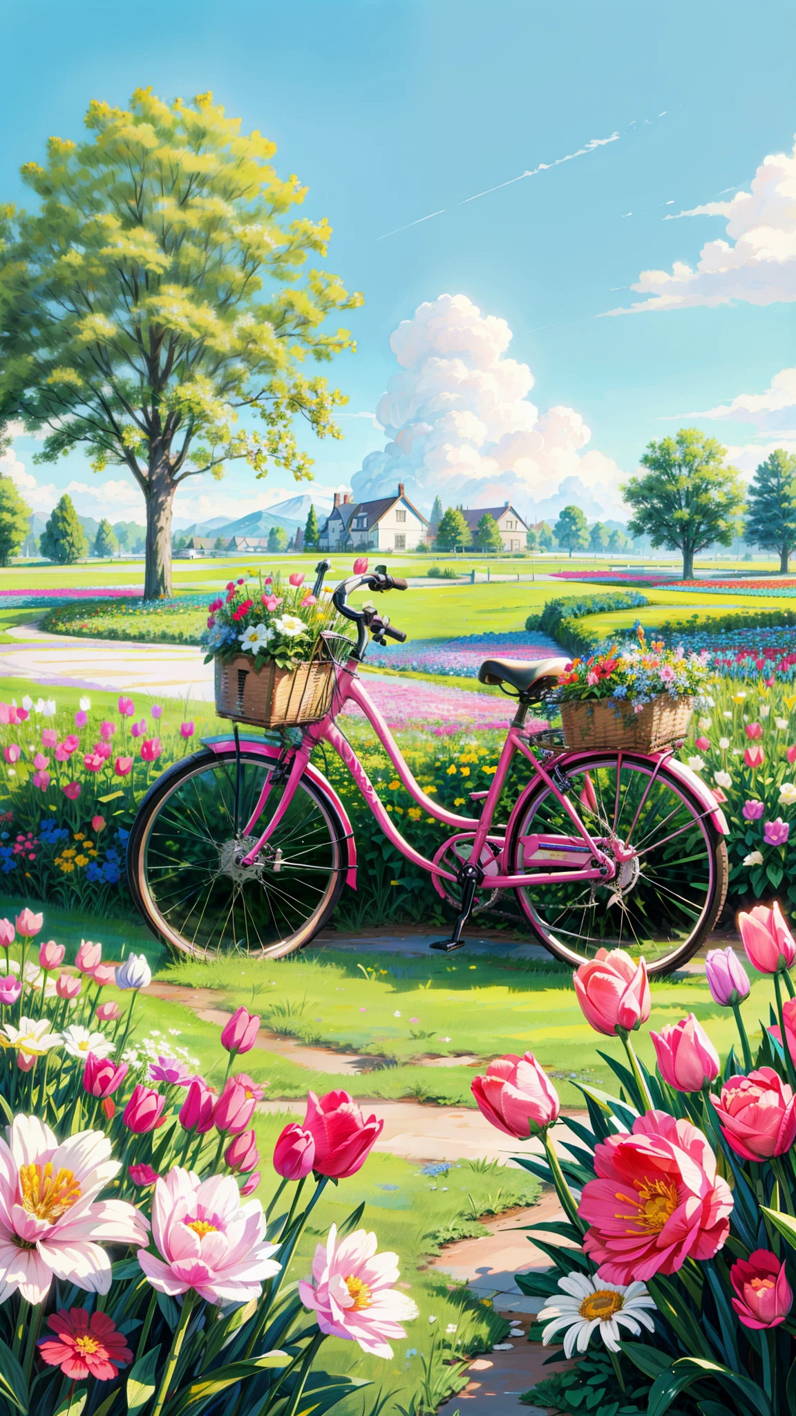 painting of a flowers field with a pink bicycle with a basket full of flowers, roses and tulips, cute style garden, tulips, beautiful garden, bicycle, beautiful flowers, dutch style, bicycle in background, blue sky, scenery, spring theme, lo-fi, lofi art style, made of flowers, lush flowery outdoors, the platonic ideal of flowers, cottagecore flower garden, whimsical and cute, flowers everywhere, spring time, flower garden, 4k professional painting, game, detailed key anime art, illustation, a beautiful artwork illustration, beautiful digital painting, highly detailed digital painting, beautiful digital artwork, detailed painting 4 k, very detailed digital painting, rich picturesque colors, gorgeous digital painting