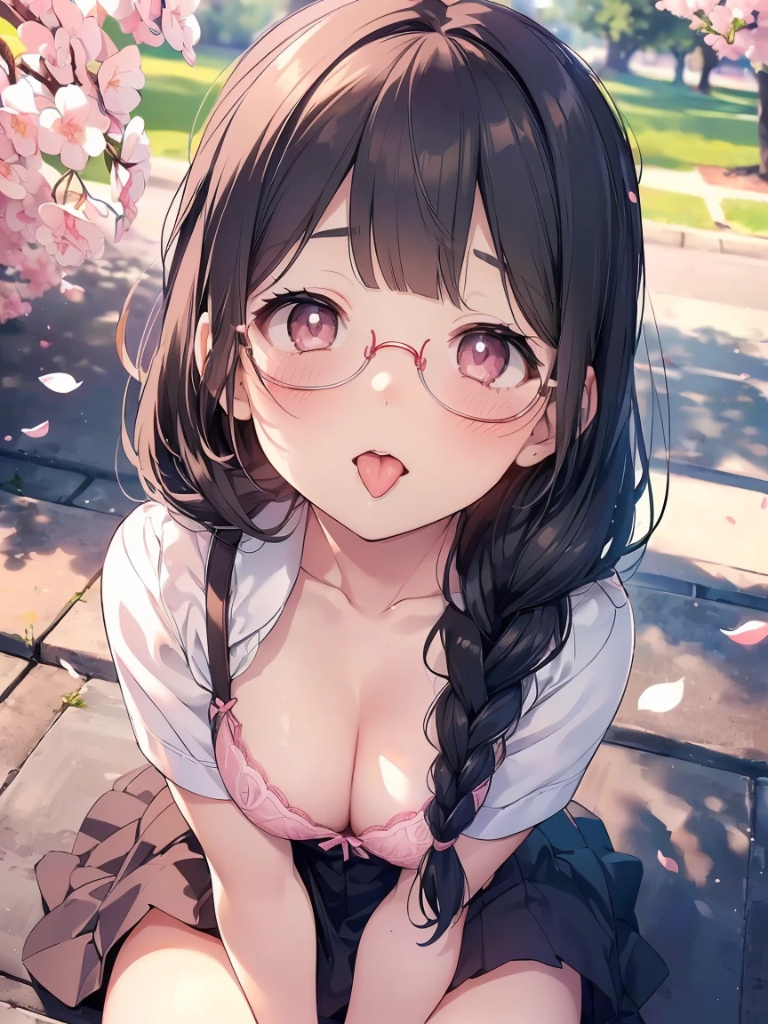 Very detailed, highest quality, High resolution, Moe Anime, ((A cute elementary school girl with black hair and droopy eyes)), ((Wearing large round glasses:1.4)), (Baby Face), Cute eyes, Detailed eye depiction, Sparkle in the eyes, View your viewers, Pale skin, (Big eyes:1.4, Droopy eyes:1.4, Fatty face:1.4), smile, Focus on the face, In the park with cherry blossoms falling, Sitting, (Extreme close up of tongue), (((From above))), Open your mouth, (((Face only:1.3))), ((lingerie)), Bright Eyes, Light from the front, (Put your hands between your legs:1.4), large and long tongue, Cleavage, Braided Hair, Pink ribbon