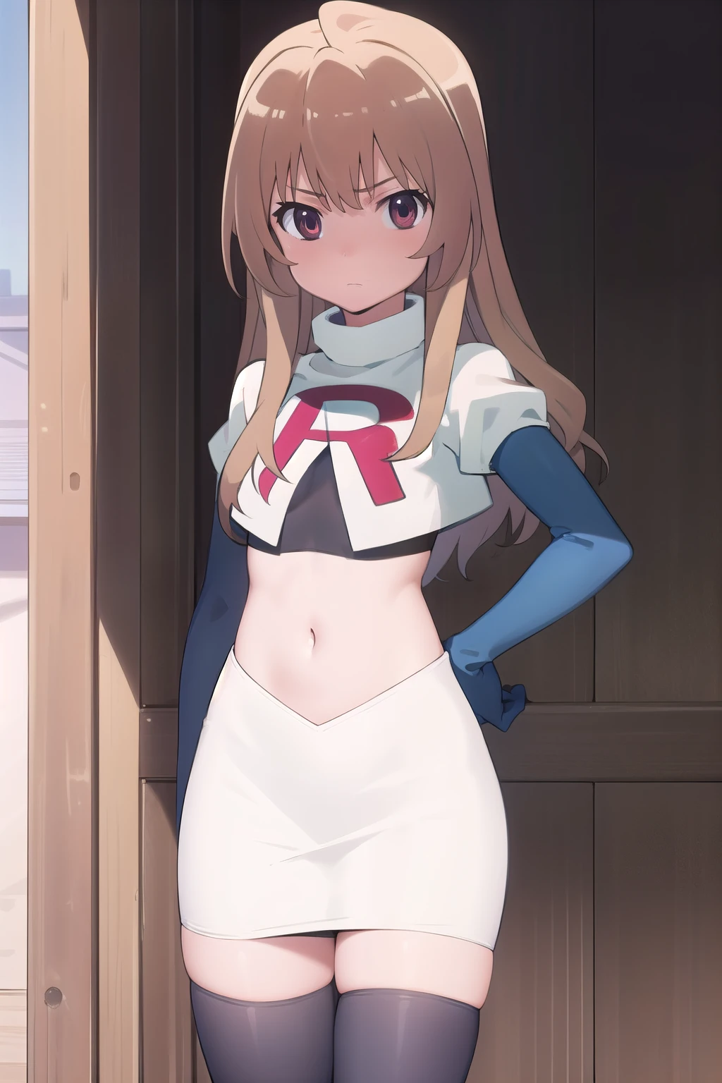 solo, 1girl, looking at viewer, 2D, anime, anime coloring, team rocket,team rocket uniform,white skirt,red letter R,crop top,black thigh-highs,black elbow gloves, taiga aisaka, oohashi, 