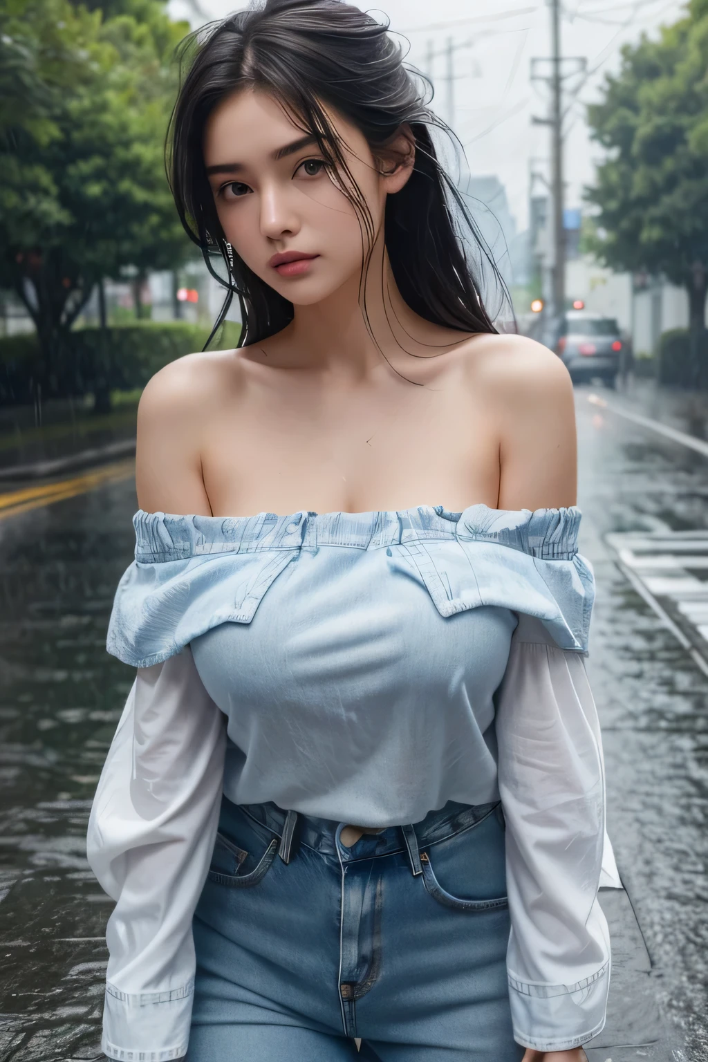 19 years old, Cool look, Sexy lips,  Black Hair, Wet Hair, ((White off-shoulder))、((Short denim))､Wet clothes, Walk in the pouring rain,Cinematic shots, Aesthetic Rain, Unlikely, black eye, Big Breasts､Detailed eyes, Detailed face, 4k, 8k, Upper body portrait、masterpiece, 最high quality, high quality, High resolution, White off-shoulder､Short denim､Wet clothes stick to the skin､