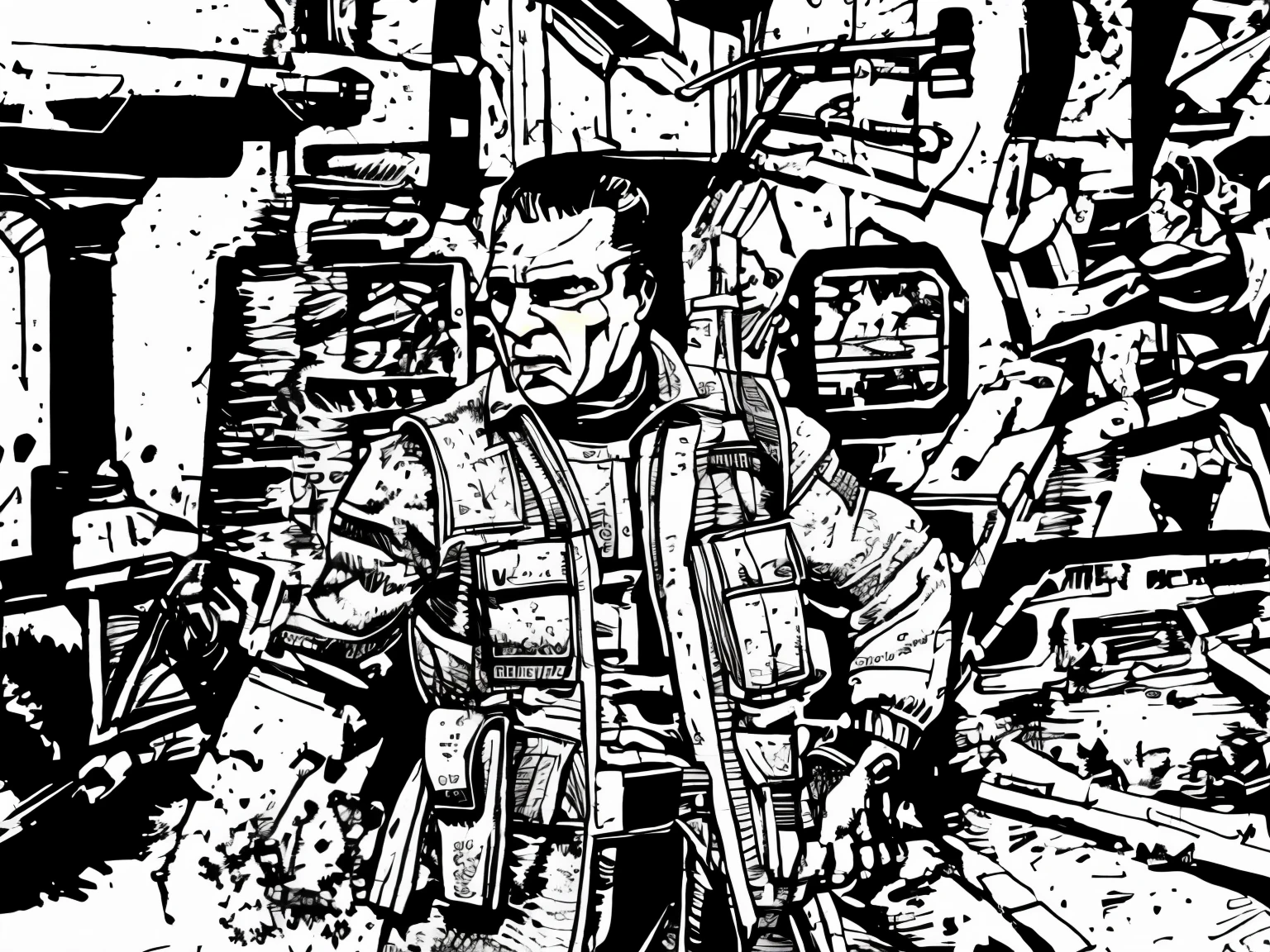 ((1 man, grey scale)), ballistic vest, sci-fi, pistol, tools, helmet, weapons, suit, speaking, holding