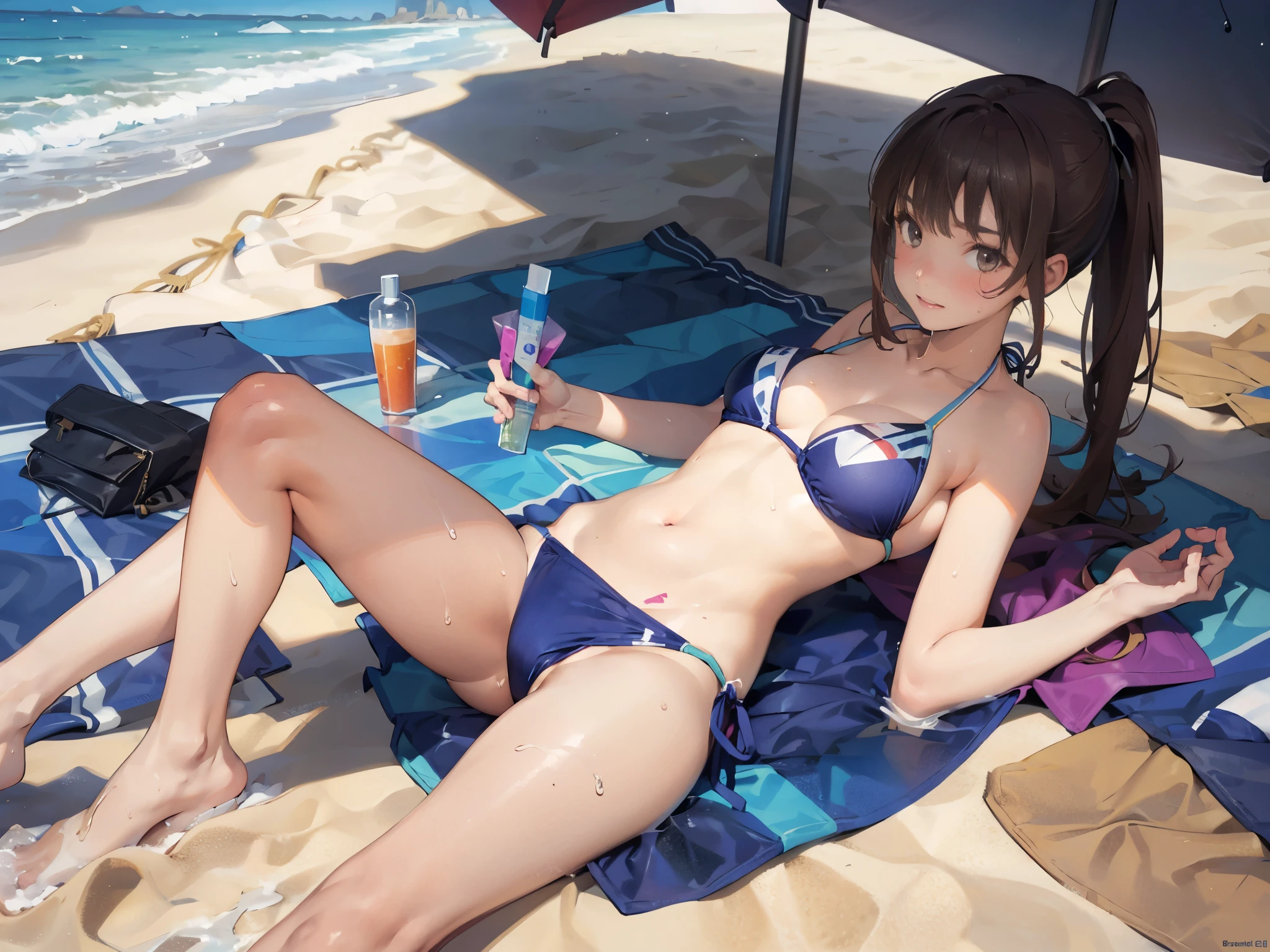 (super flat, flat shading), Honors Type, Really blushing, , 2girls, wearing (high-cut bikini swimwear:1.5), ponytail brown hair, sweaty healthy body, soaking wet full body with lotion and sweaty, bare legs, navel, ultra realistic, breeze, in crowded beach side, on stomach