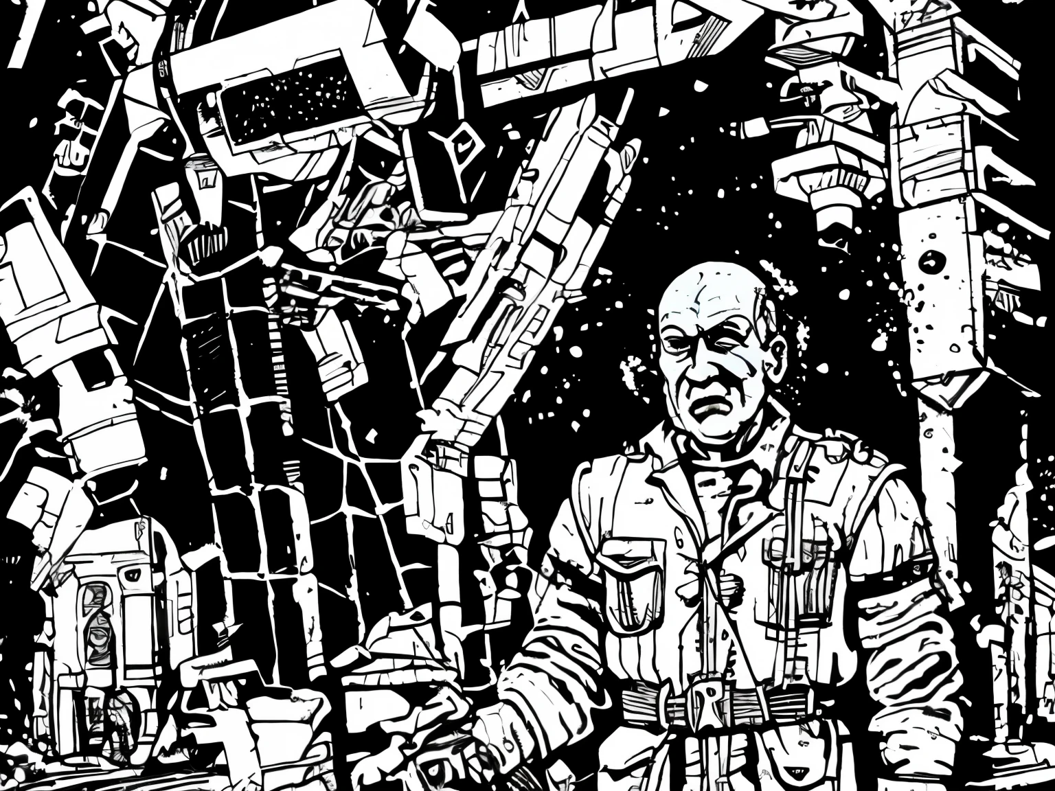 ((1 man, grey scale)), ballistic vest, sci-fi, pistol, tools, helmet, weapons, suit, speaking, holding, dark skin